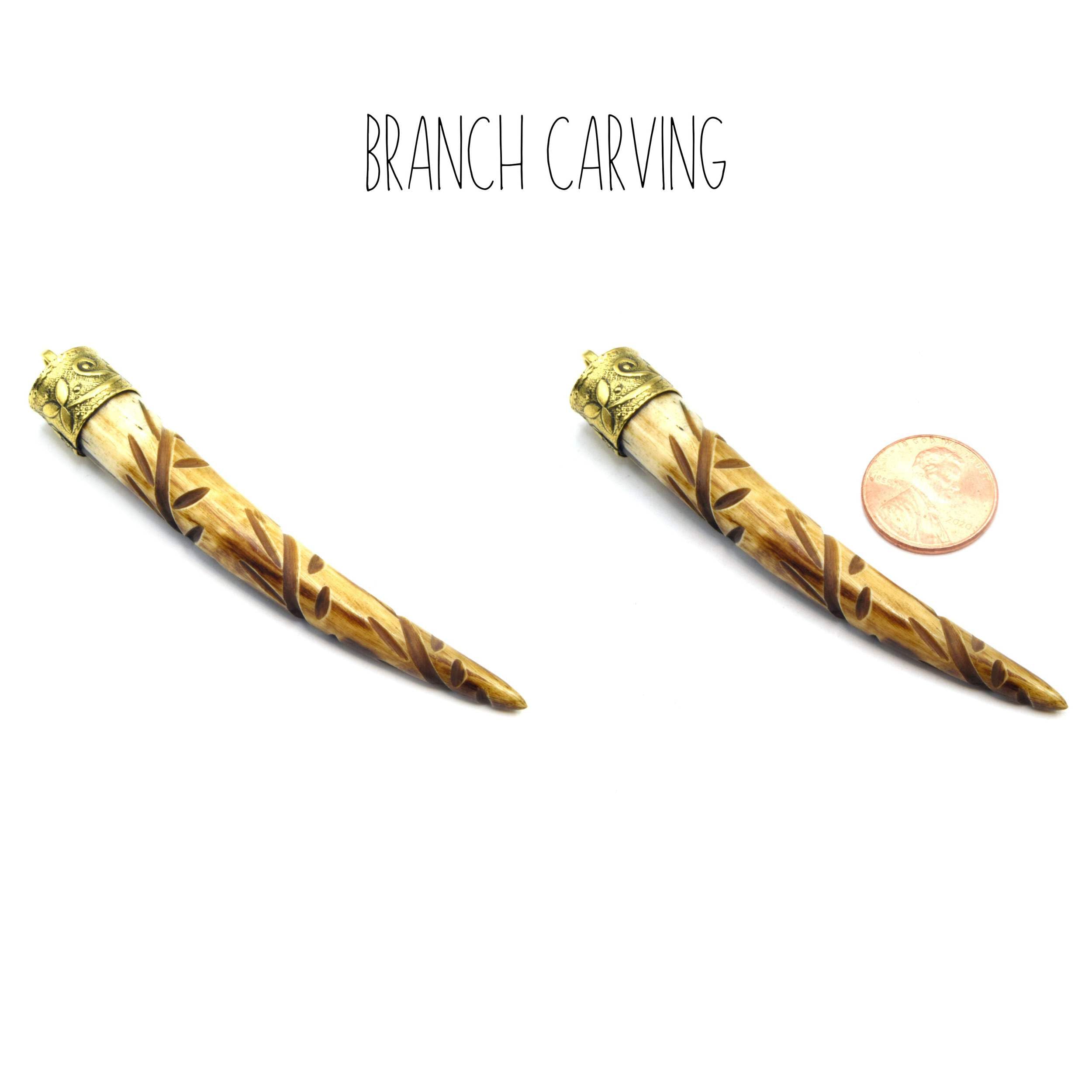 Handmade Carved Ox Bone Tusk Pendant Necklace - Skinny Claw Design with Floral Cap & Crosshatch Carving - Brown Focal Jewelry for Boho & Tribal Fashion | Perfect for Layering Necklaces, Festival Outfits and Unique Gift Ideas