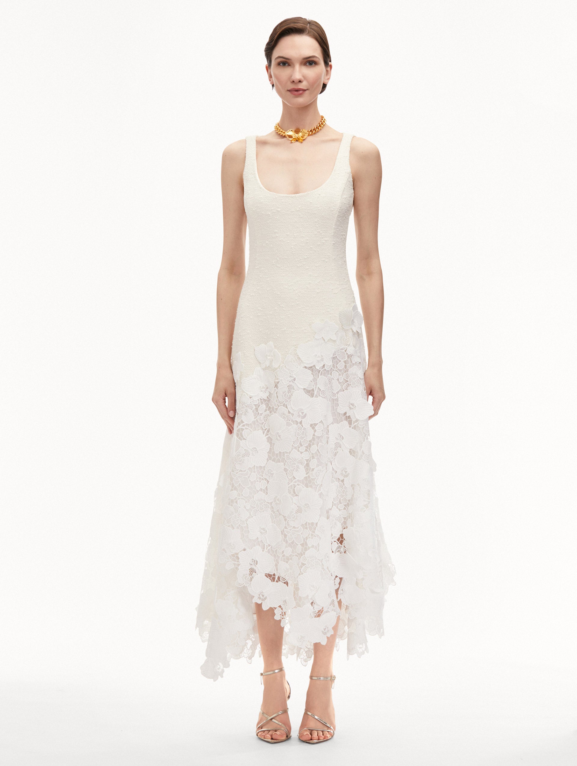 Elegant Orchid Guipure & Tweed Sleeveless Dress for Women - Perfect for Cocktail Parties, Weddings & Special Occasions