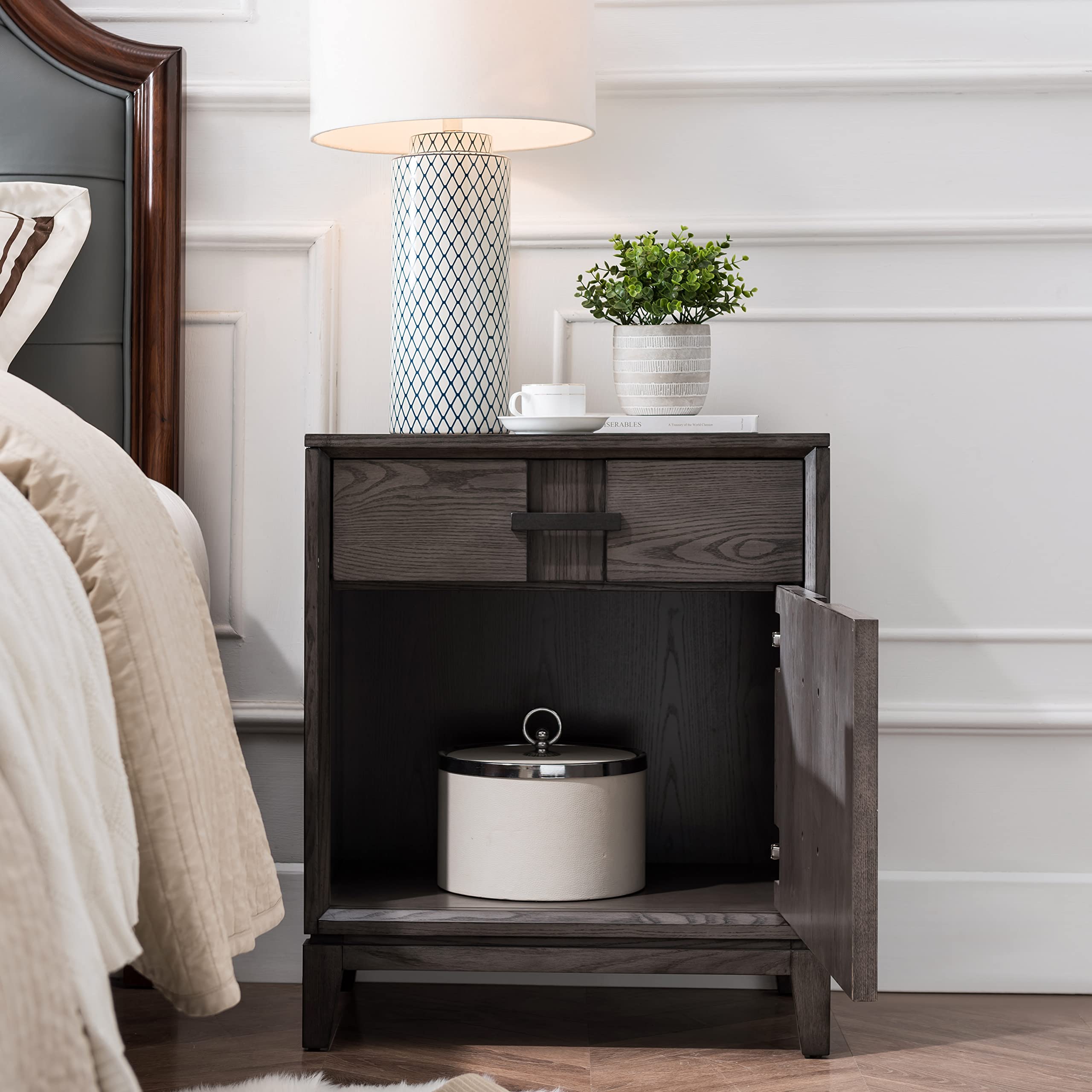 Leick Home 9075 Modern Nightstand with USB-C Fast Charging | 1-Drawer Side Table with Integrated AC/USB Ports | Durable Gray Oak Finish for Bedroom, Living Room & Office Use