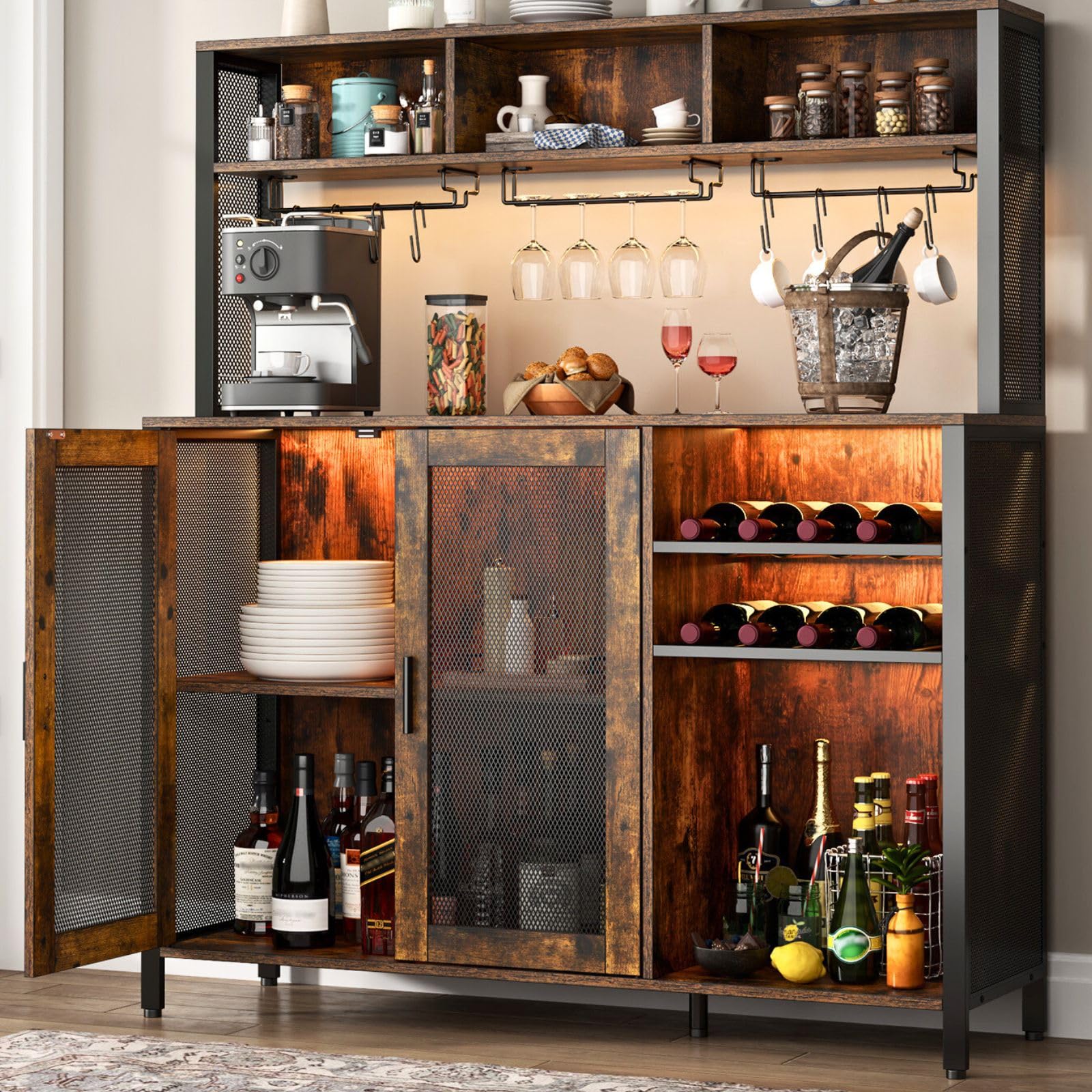 Industrial Wine Bar Cabinet with LED Lights - Rustic Brown Coffee Bar with Wine Rack, Glass Holder & 3 Storage Compartments - Kitchen Buffet Sideboard & Liquor Cabinet for Home Bar, Dining Room or Entertainment Area