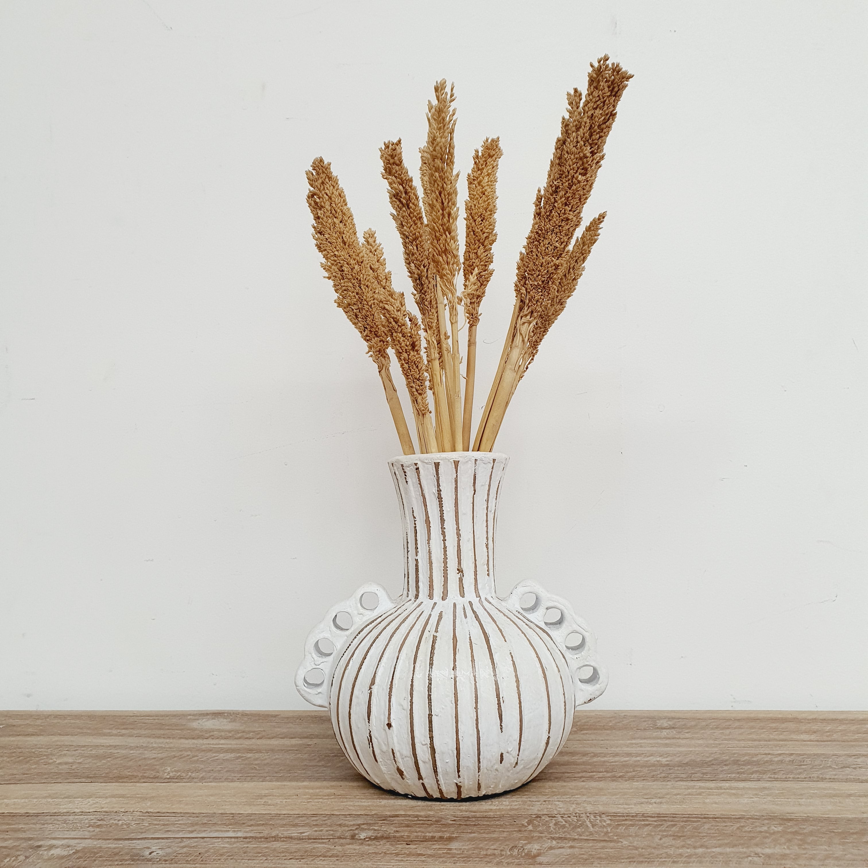 Handmade White Striped Terracotta Vase with Handles - Decorative Ceramic Flower Pot for Home Decor, Wedding Centerpiece & Boho Style Interior Design