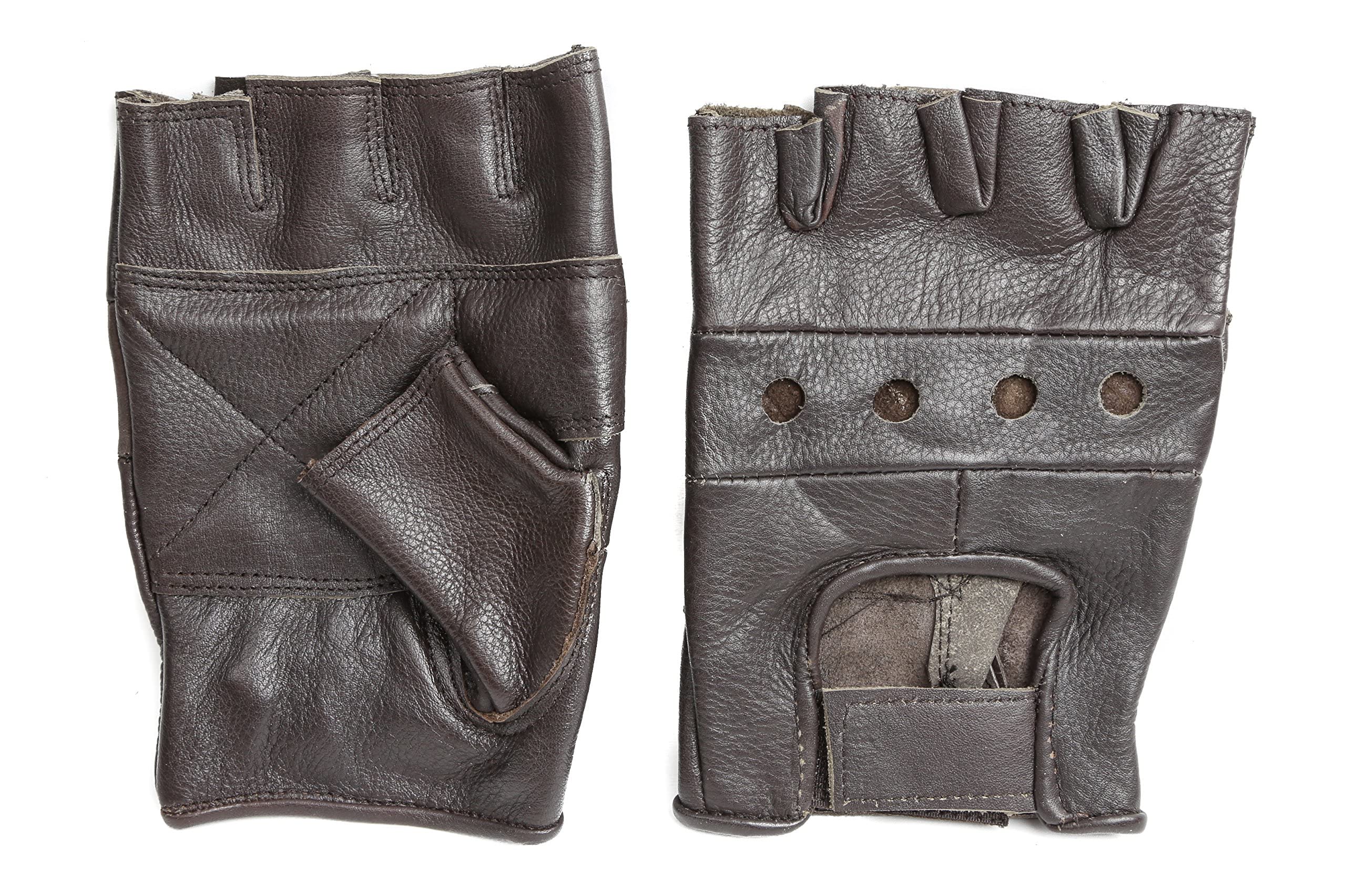 First Manufacturing Dark Brown Lightweight Thick Leather Fingerless Gloves - Motorcycle Riding, Outdoor Sports & Winter Fashion Accessories