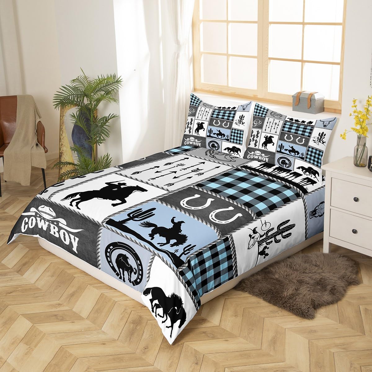 Western Cowboy Kids Duvet Cover Set Twin Size - Horseshoes Cactus Rustic Farmhouse Bedding for Boys & Girls - Blue Retro Arrow Geometric Plaid Quilt Cover with 1 Pillowcase - Perfect for Wild West Themed Bedrooms, Kids' Rooms, and Farmhouse Decor