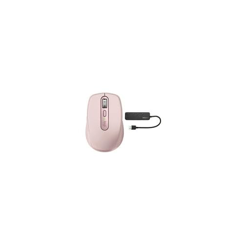 Logitech MX Anywhere 3 Wireless Mouse - Compact Ergonomic Design, 4000 DPI, Bluetooth/USB - Rose Pink + 4-Port USB Hub Bundle - Perfect for Travel, Office & Home Workspace