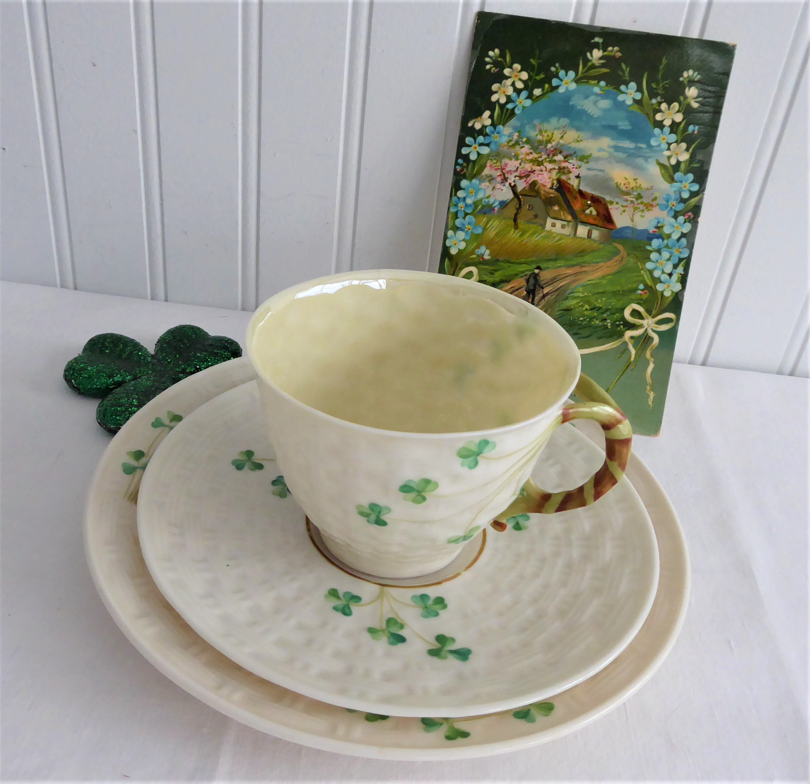 Vintage Irish Belleek Teacup Trio Set - Handcrafted Basket Weave Design with Shamrocks (1950s 4th Green Mark) - Perfect for Afternoon Tea, Collectible Irish Porcelain, Wedding Gift