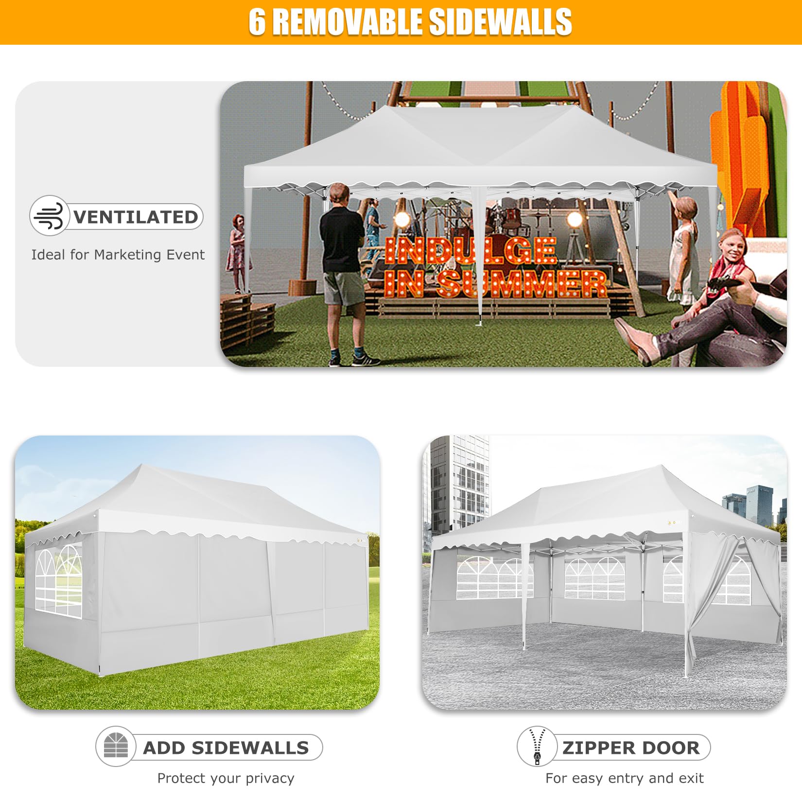 HOTEEL 10x20 Pop Up Canopy Tent - Waterproof & Easy Setup with 6 Sidewalls, 4 Sandbags & Wheeled Carry Bag | Sunproof Outdoor Shelter for Backyard Parties, Weddings, Events, Patio Gatherings & Camping | White Instant Canopy for Commercial or Personal Use