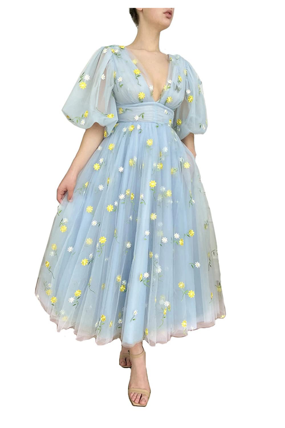 Smileven Women's Puffy Sleeve Prom Dress with Floral Embroidery - Elegant Tulle Formal Evening Gown for Homecoming, Wedding Guest & Special Occasions