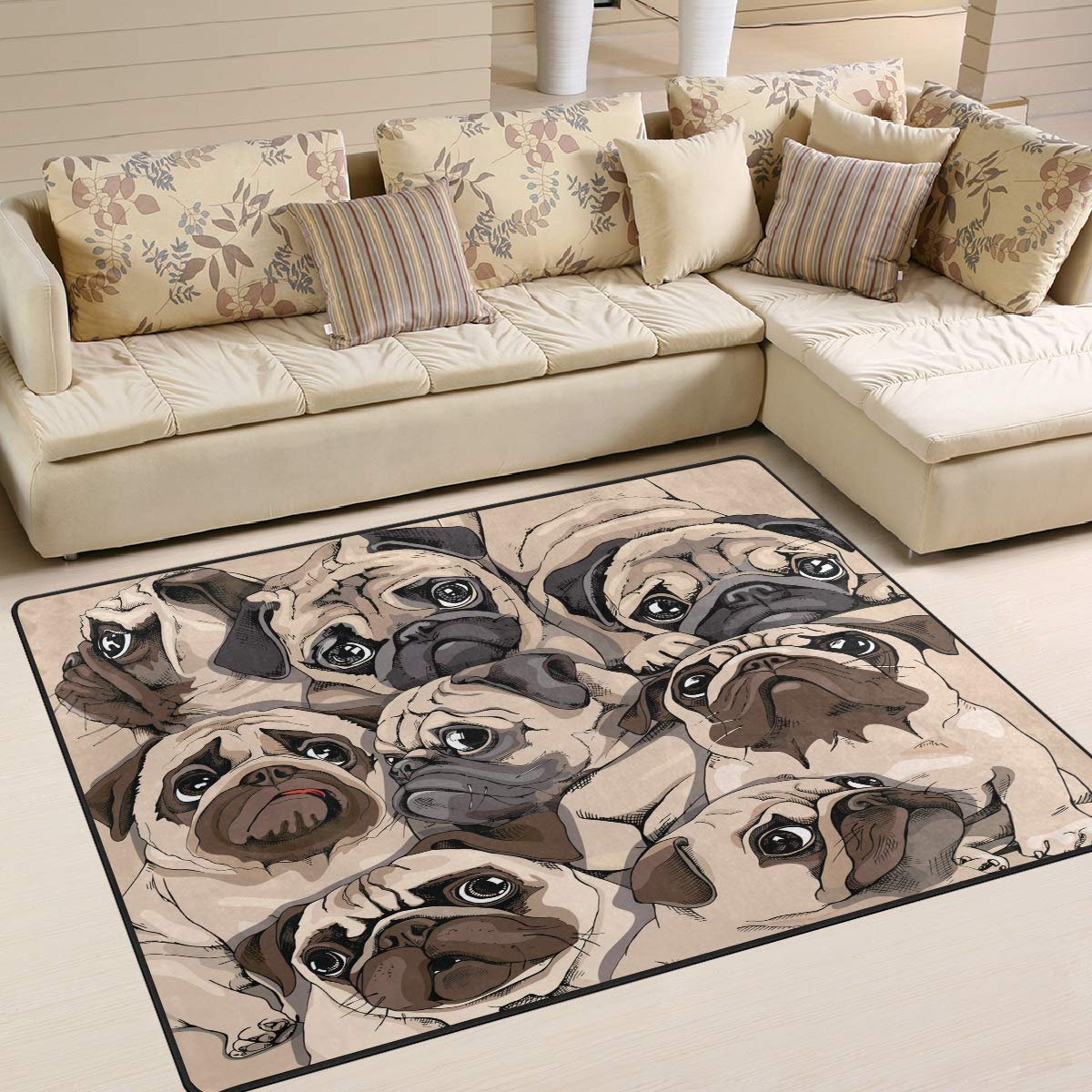 ALAZA Vintage Pug Dog Print Area Rug - 7'x5' Non-Slip Soft Living Room & Bedroom Rug - Perfect for Pet Lovers Home Decor, Cozy Floor Mat for Kids Room & Dorm
