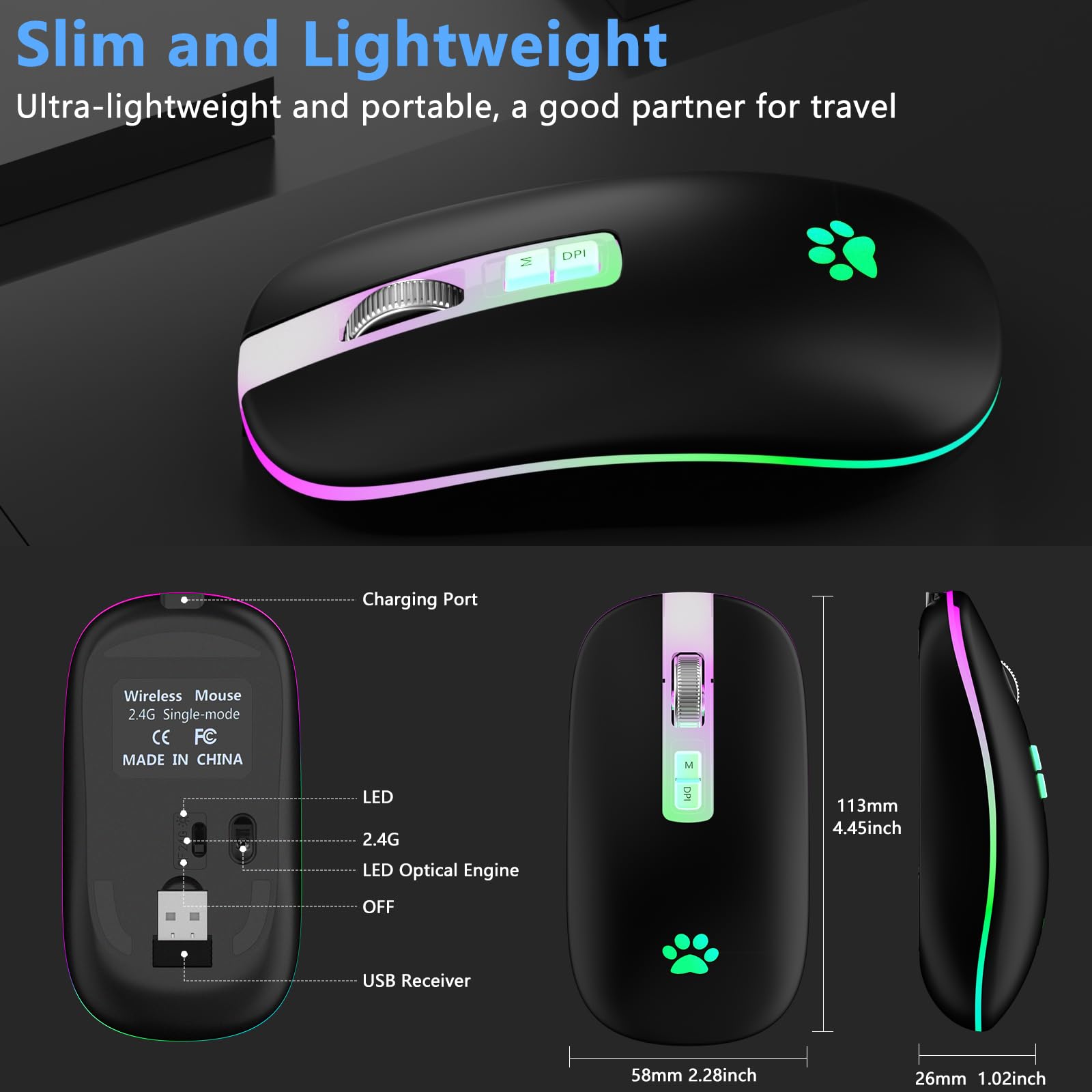KARFUN Wireless Mouse - Slim Rechargeable 2.4G LED Backlit Mouse for Laptop, PC, MacBook, iPad, Chromebook, Notebook | Perfect for Office, Home, and Travel Use (Black with Transparent Nose)