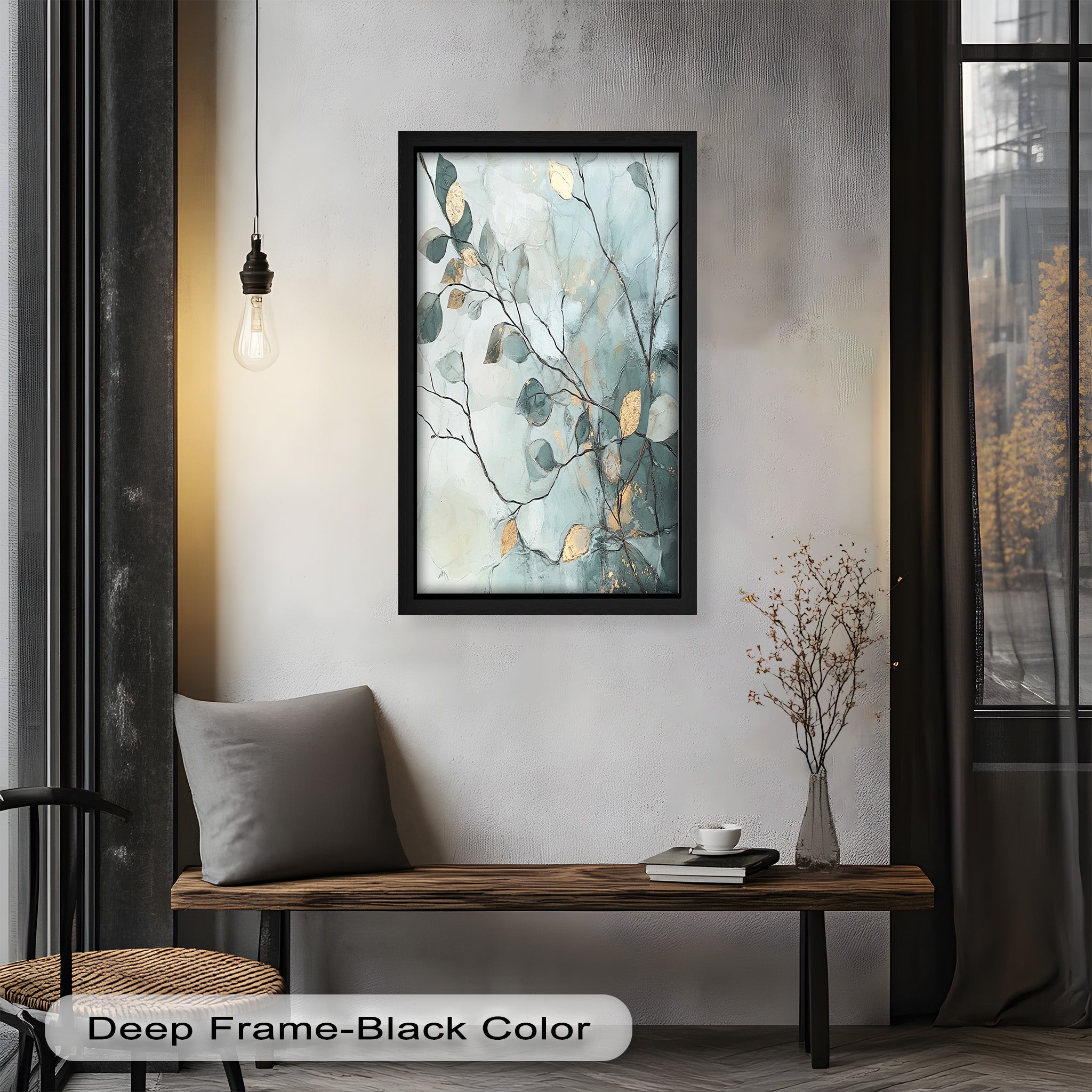 Blue and Metallic Leaf Branch Abstract Oil Painting - Handmade Canvas Wall Art for Living Room, Bedroom & Office Decor