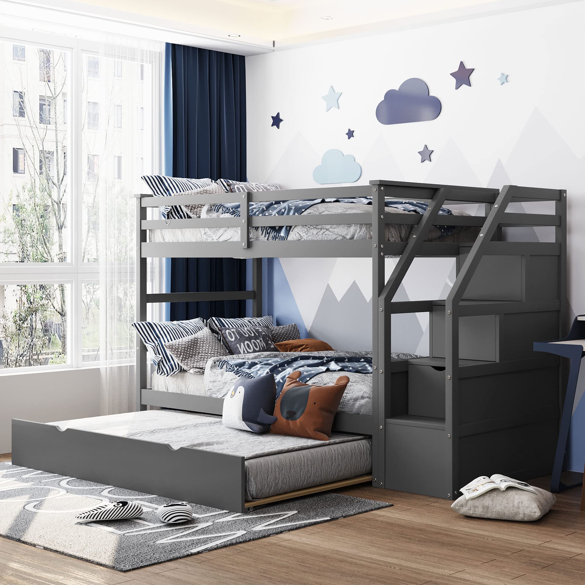 Wooden Twin Bunk Bed with Stairs & Storage Drawers - Space-Saving Kids Bunk Bed with Pull-Out Trundle for Boys & Girls (Grey) - Perfect for Small Bedrooms, Shared Kids Rooms & Sleepovers