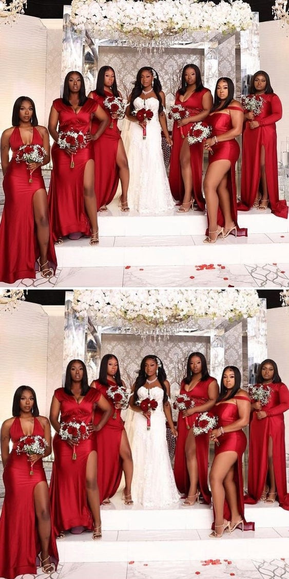 Elegant Mismatched Red Mermaid Maxi Dress with Side Slit - Formal Wedding Guest & Bridesmaid Gown WG1737 | Perfect for Evening Galas, Cocktail Parties & Special Occasions