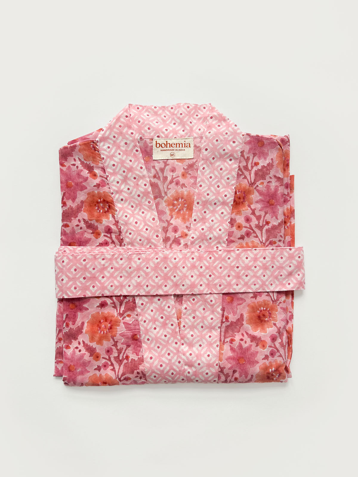 Vintage Pink Block Print Cotton Robe - Soft & Comfortable Women's Loungewear for Spa, Yoga & Relaxation at Home