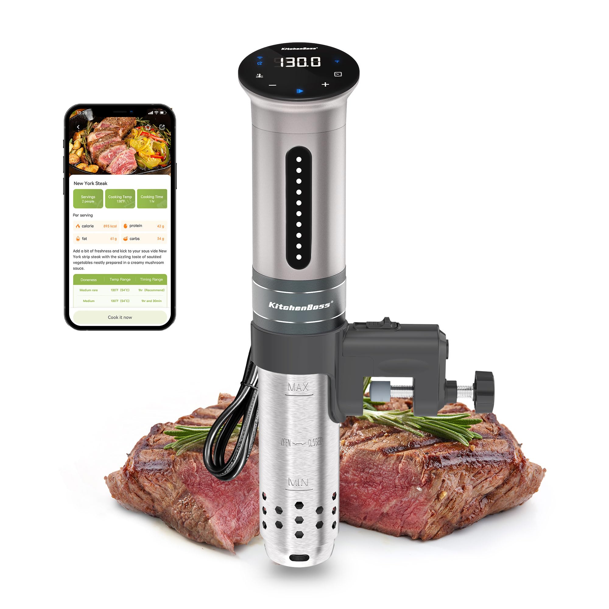 KitchenBoss 1100W WiFi Sous Vide Precision Cooker - Ultra Quiet Immersion Circulator with APP Control, IPX7 Waterproof, Digital Temperature Display (Silver) | Perfect for Steak, Chicken, Fish & Home Cooking