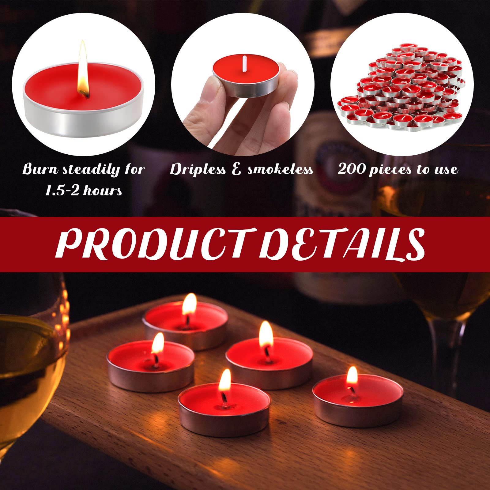 200 Pcs Smokeless Tealight Candles for Wedding, Party & Home Decor - Red