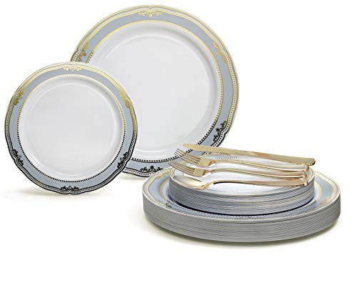 E. Scalloped in White / Blue & Gold, Gold Silverware