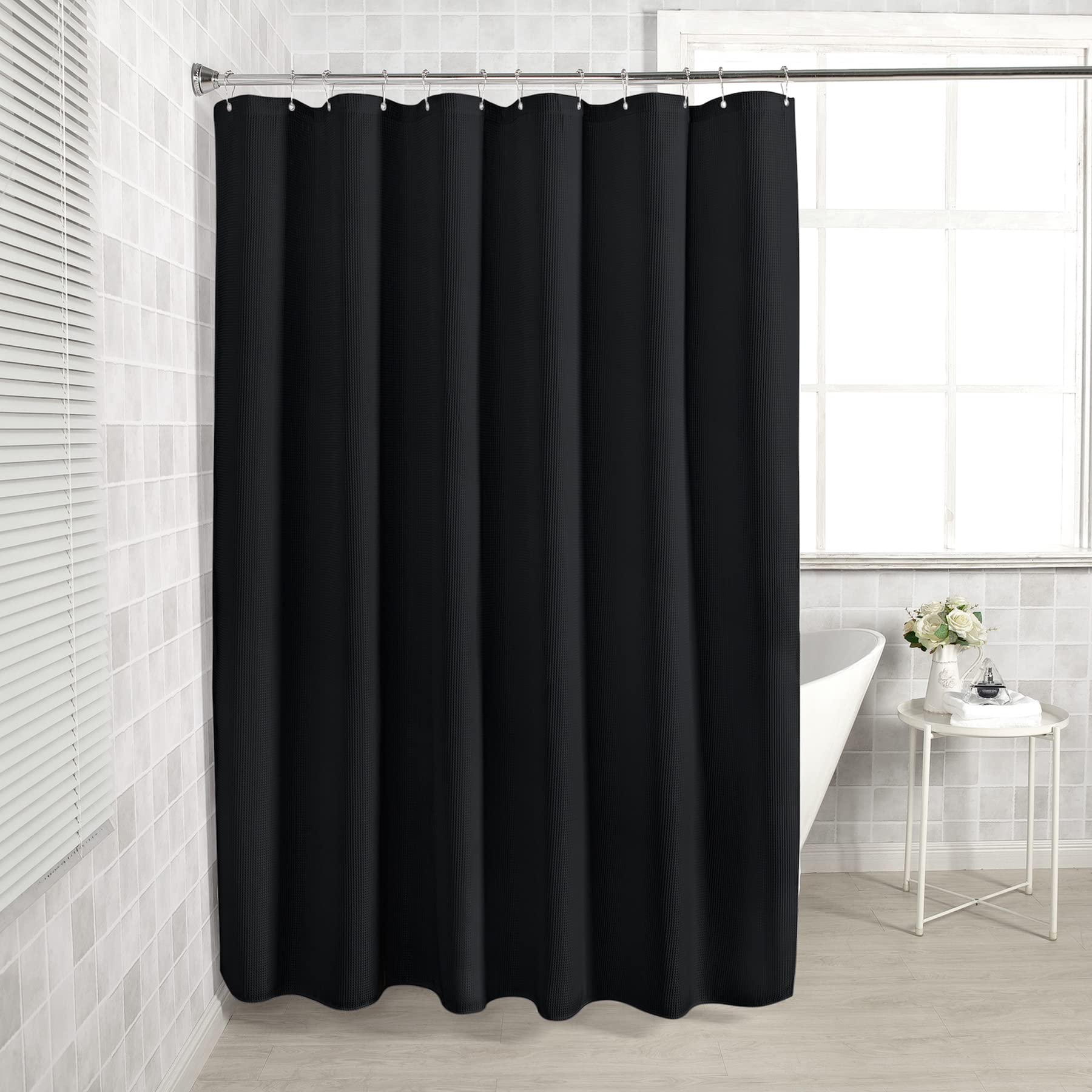 AmazerBath Waffle Weave Shower Curtain - Heavy Duty Hotel Quality Fabric Bathroom Curtain 72x78 Inches, Black - Perfect for Luxury Bathrooms & Spa-Like Showers