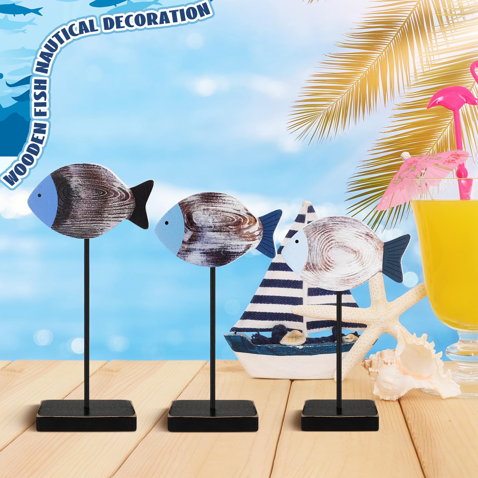 3 Pcs Wooden Sea Fish Table Decor - Coastal Beach House & Farmhouse Style Rustic Wood Fish Ornaments for Summer - Perfect for Home, Office, Bedroom, Shelf & Desk Decor - Great for Coastal Theme Parties & Vacation Home Styling