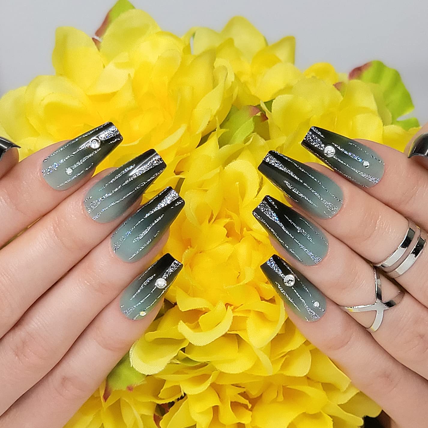 Hypnaughty 24 Pcs LUXE Black to Green Ombre Press on Nails - Glitter & Rhinestone Coffin Fake Nails with Glue - Long Luxury Acrylic Nails for Parties, Weddings & Special Occasions