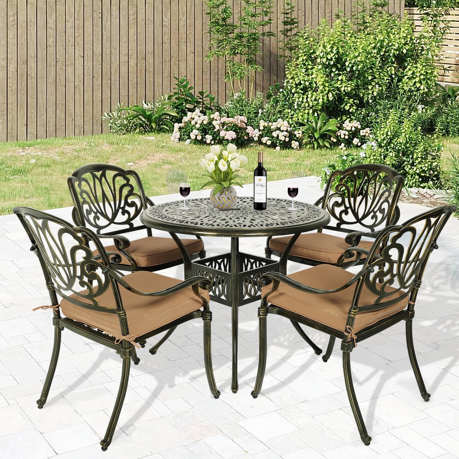 MEETWARM 5-Piece Outdoor Patio Dining Set - All-Weather Cast Aluminum Table & Chairs with Cushions - Garden, Backyard, Deck Furniture - Includes 4 Chairs, 4 Cushions & 1 Round Table with Umbrella Hole - Perfect for Outdoor Entertaining & Relaxation