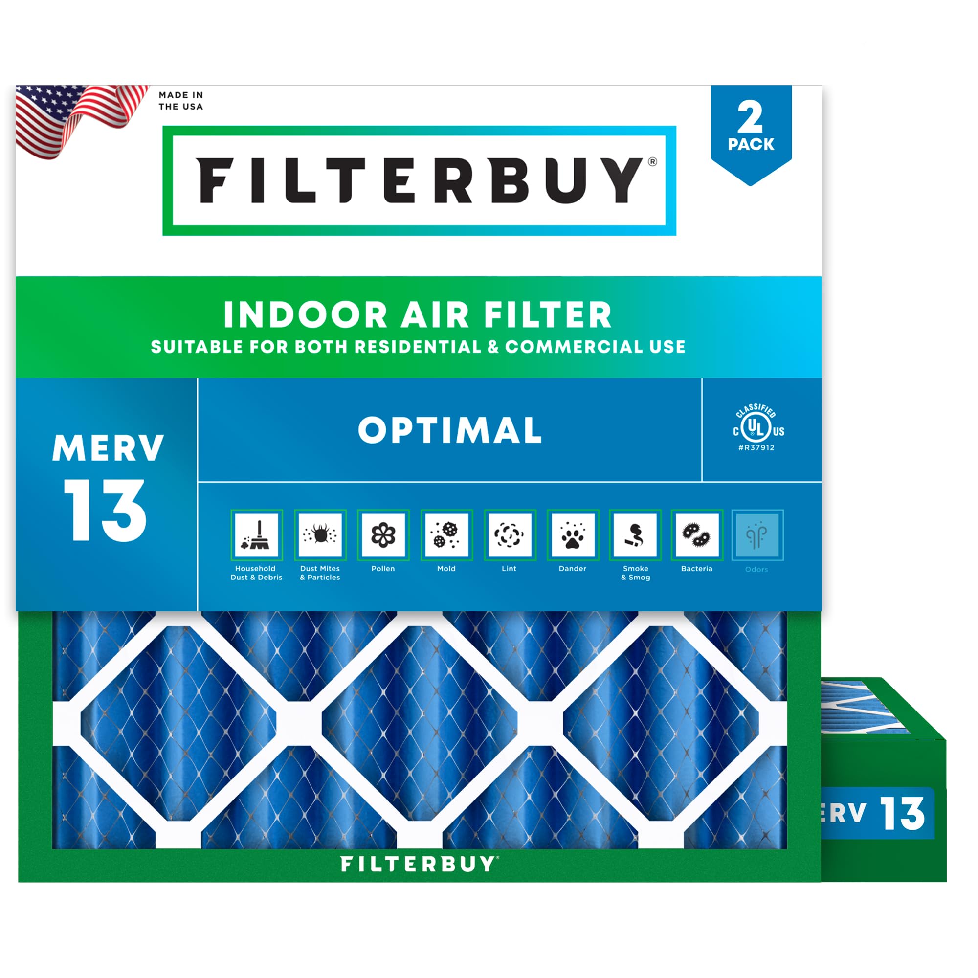 Filterbuy 21x21x4 MERV 13 Pleated Air Filter (2-Pack) - High Efficiency HVAC Furnace & AC Replacement Filters (Actual Size 20.5x20.5x3.63