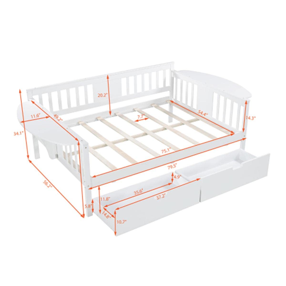 Full Size Daybed Frame with 2 Storage Drawers & Safety Handrail - White Wooden Platform Bed for Guest Room, Dorm, or Small Space