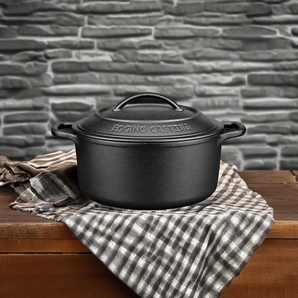 Pre-Seasoned Cast Iron Dutch Oven with Lid - 5 Quart Round Enameled Pot for Sourdough Bread Baking, Camping & Outdoor Cooking - Dual Handles, Black