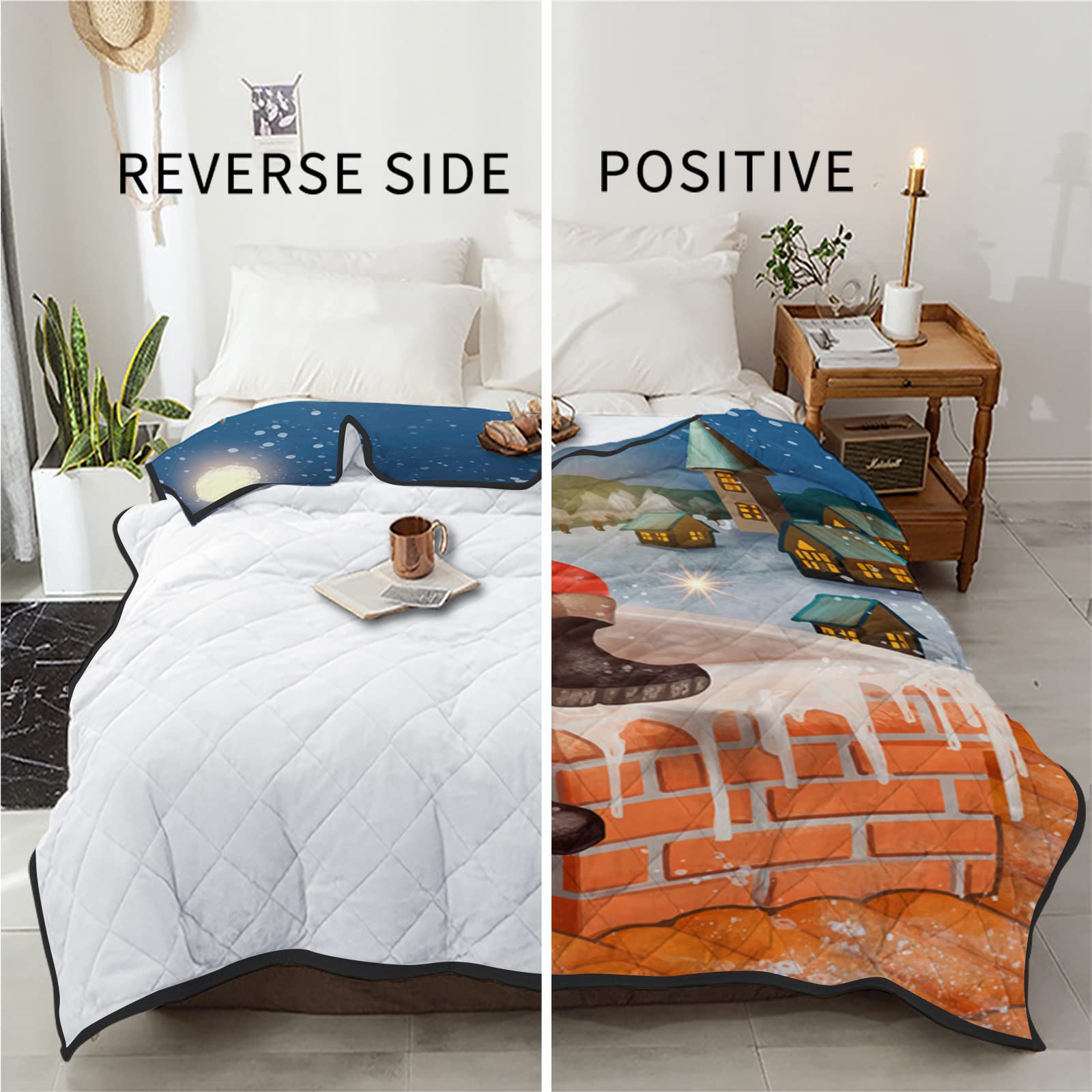 Luxury California King Quilted Comforter - Thin, Soft & Cozy Reversible Bedspread with Christmas Santa Claus & Snow Village Design - All Season Lightweight Quilt Coverlet for Master Bedroom, Guest Room & Holiday Decor