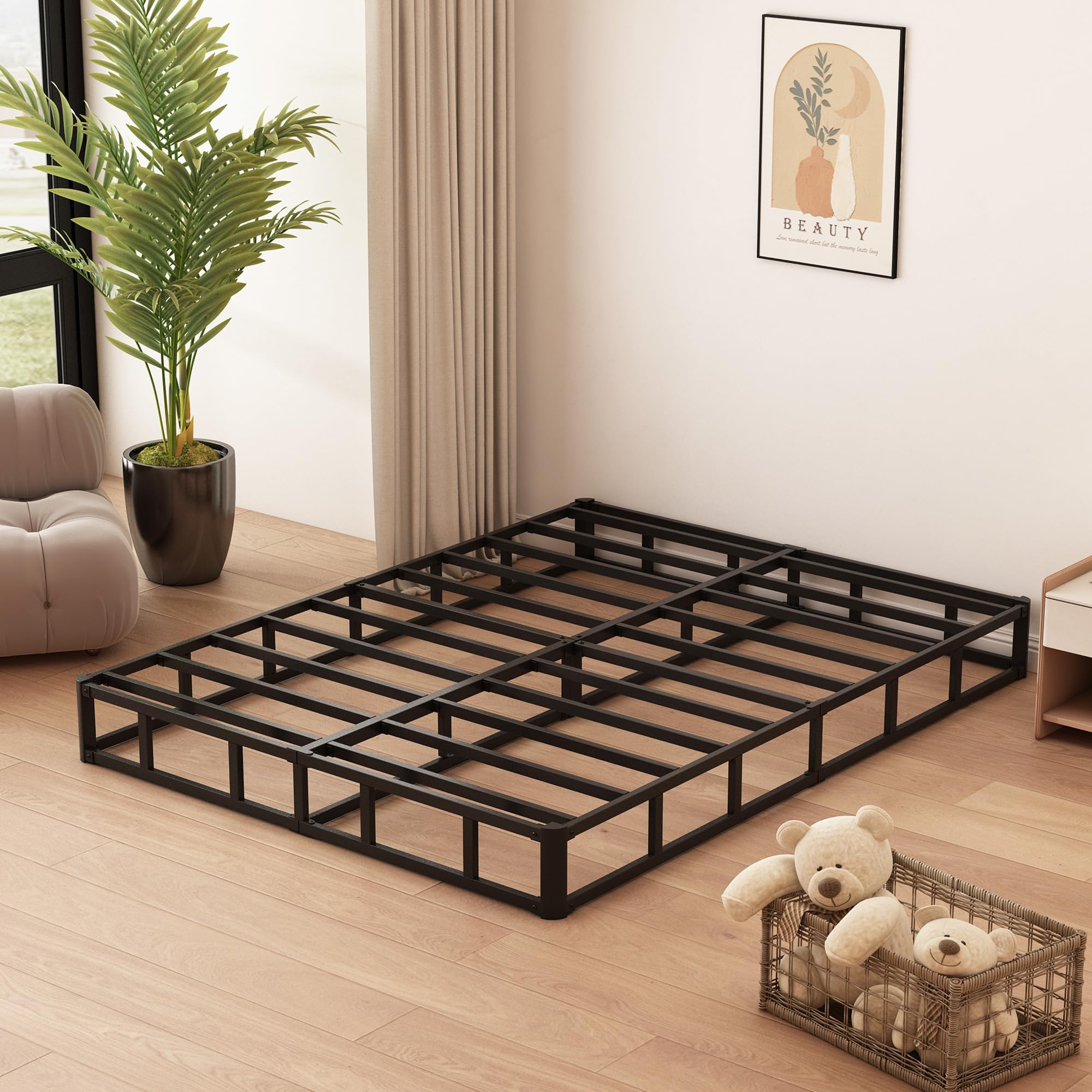 7 Inch King Box Spring - Heavy Duty Metal Bed Base with Fabric Cover, Sturdy Mattress Foundation - Easy Assembly, Noise Free Support - Black - Perfect for Master Bedrooms & Guest Rooms