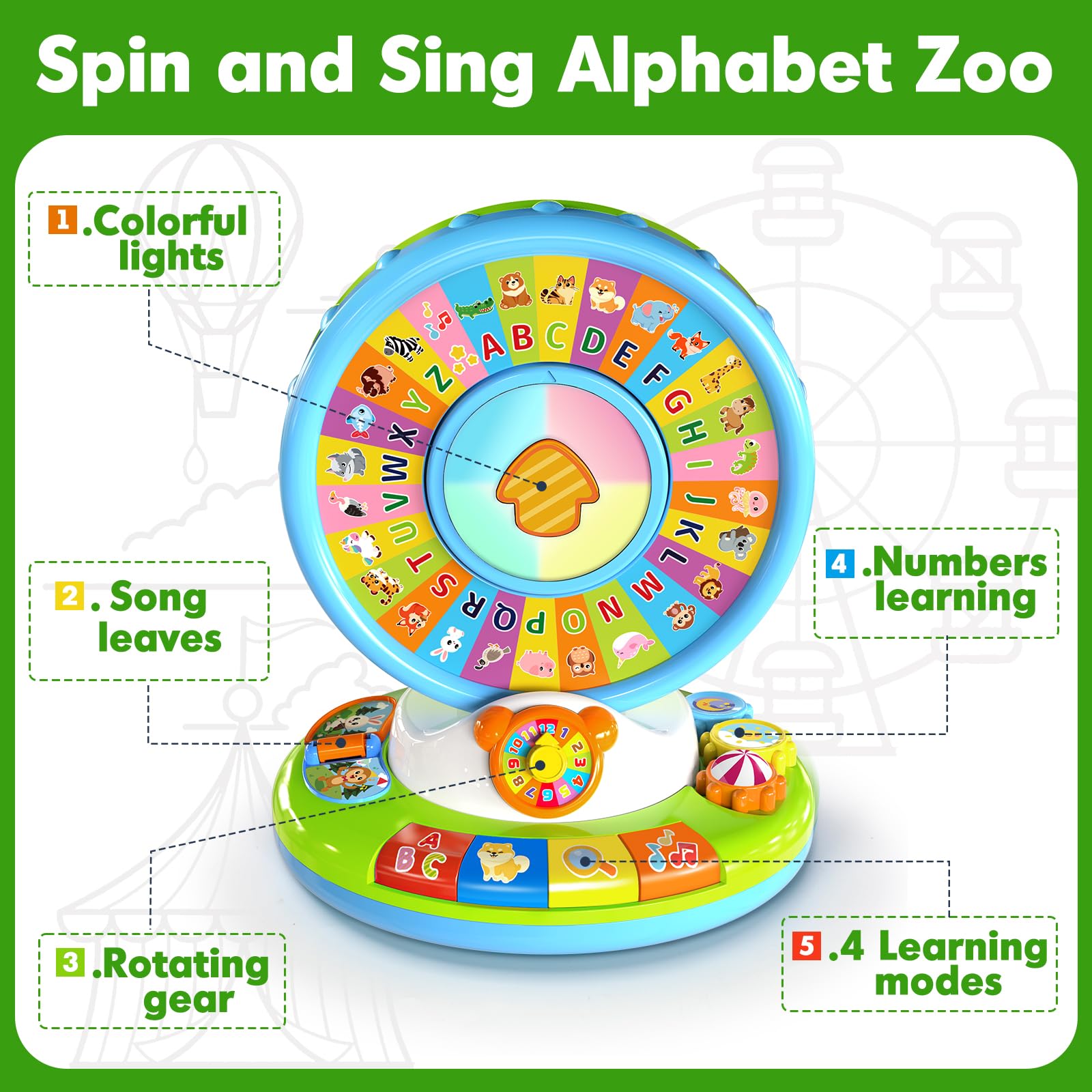 Musical Spin and Sing Alphabet Zoo - Interactive Learning Toy for Toddlers 1-3 Years Old | Educational Gift for Baby Boys & Girls Ages 6-18 Months | Perfect for Early Childhood Development, Birthday & Christmas Presents | Great for Playtime, Preschool Learning & Sensory Development