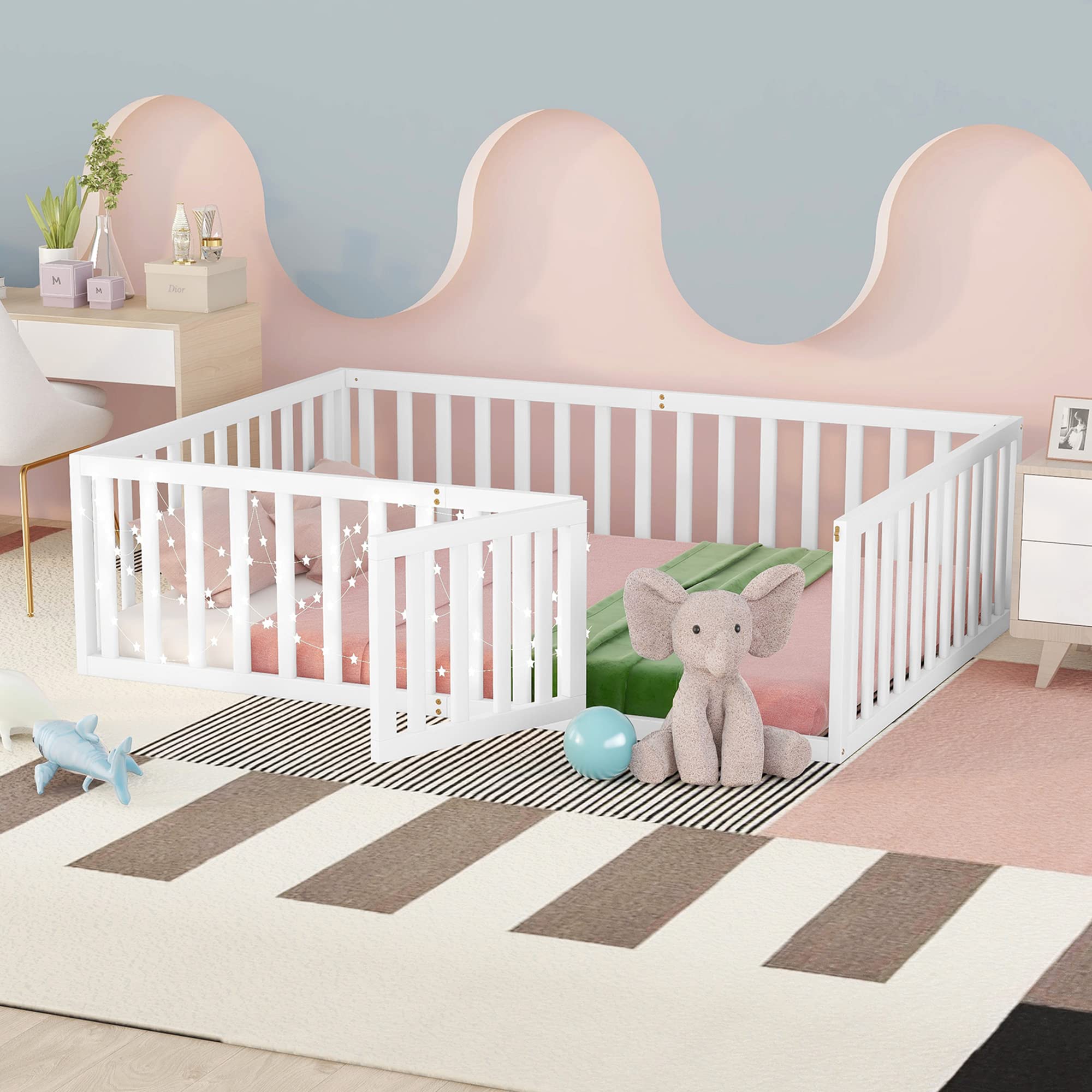 P PURLOVE Full Size Wood Floor Bed with Safety Fence & Closable Door - Easy Assembly Kids Bed Frame for Boys & Girls - Perfect for Montessori Bedrooms, Daycare Centers & Safe Toddler Sleeping Spaces
