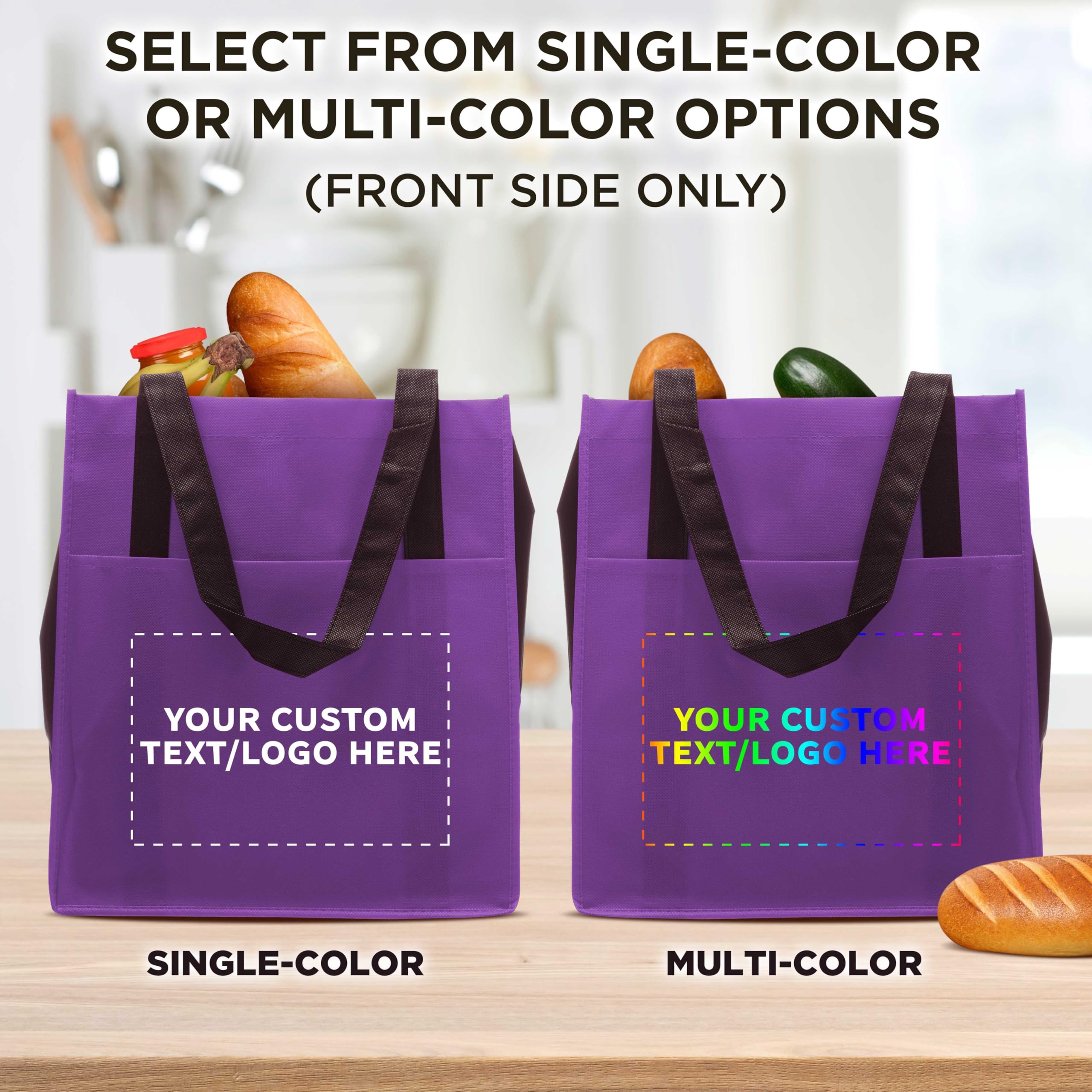 100 Pack Customizable Non-Woven Tote Bags with Front Pocket - Eco-Friendly Reusable Shopping Bags in Vibrant Purple Two-Tone (13