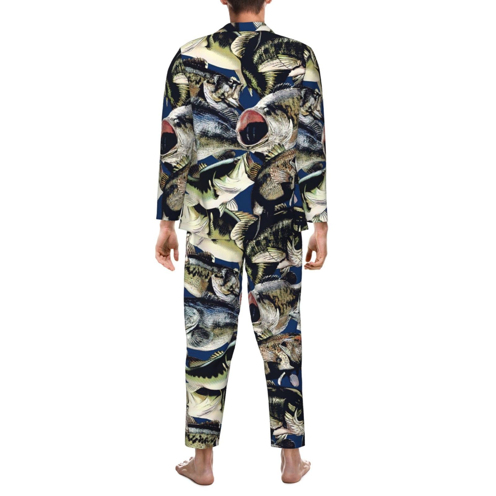 Men's Fish Print Pajama Set - Long Sleeve Button Down Sleepwear with Pockets | Comfortable Lounge Wear for Home, Travel & Relaxation