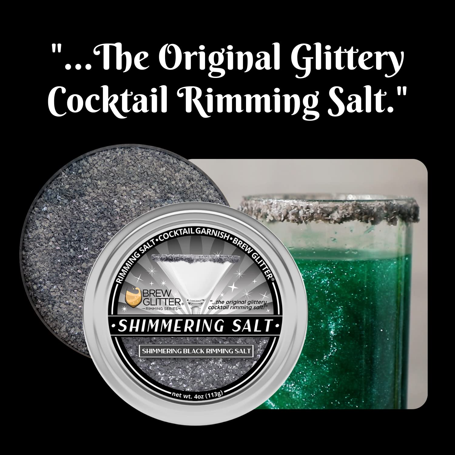 Edible Glitter for Cocktails - Shimmering Black Rimming Salt (4oz, 1x Bar Tin) | Brew Glitter Drink Garnish for Margaritas, Martinis & Beverages | Perfect for Parties, Bars & Home Mixology
