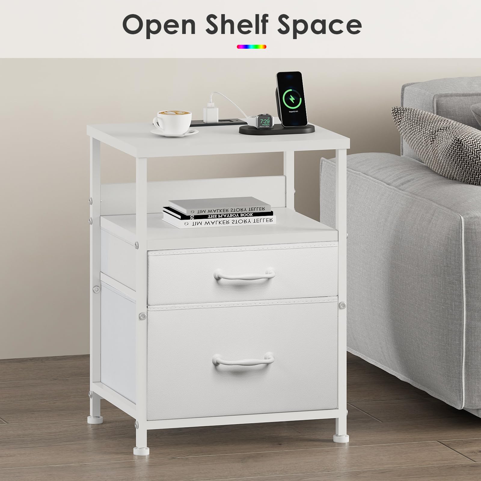 White Nightstand with Charging Station & LED Lights - 2 Fabric Drawers Bedside Table with Open Shelf, Outlets & USB Ports - Modern End Table for Bedroom, Living Room, Office - Perfect for Phone Charging, Reading & Storage