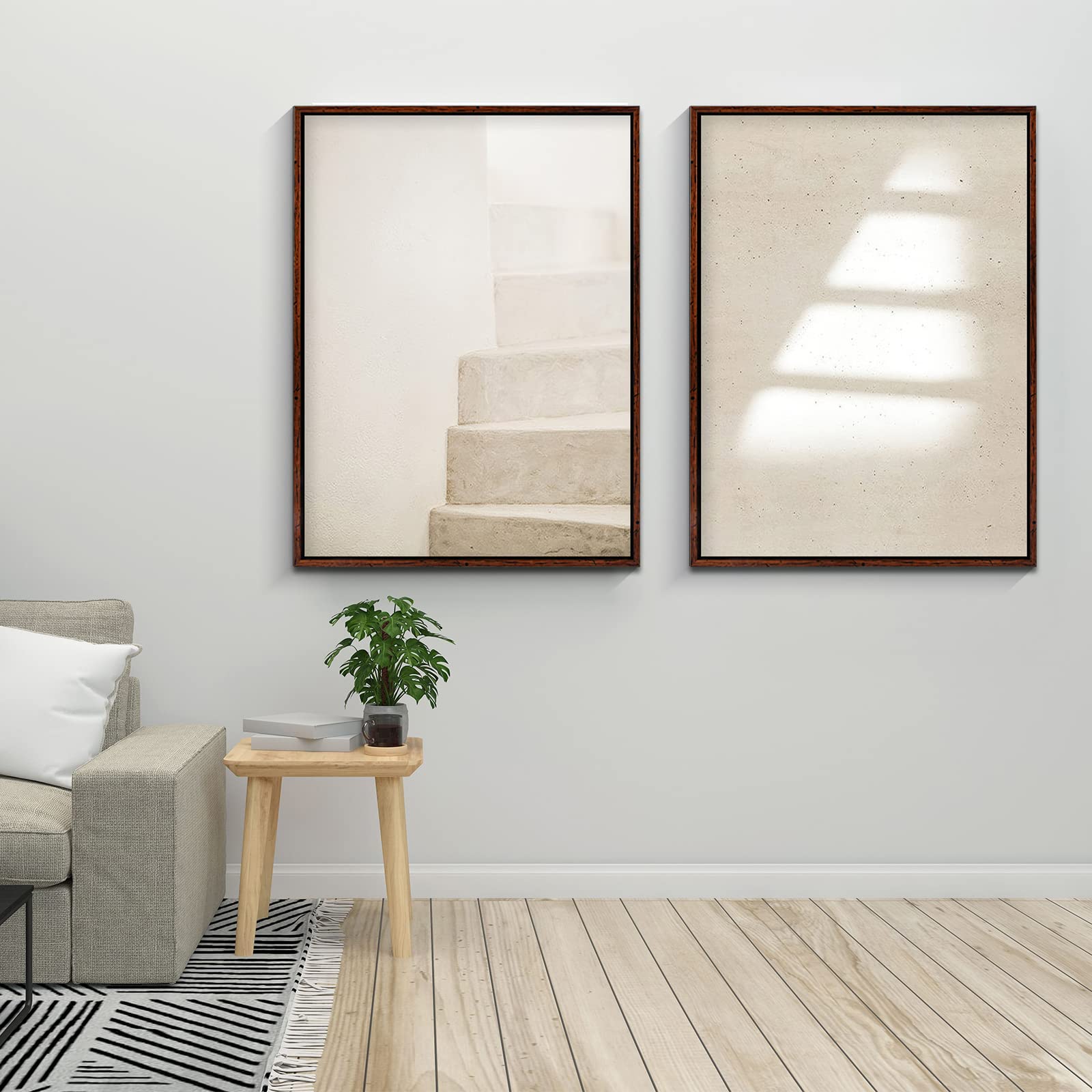 Modern Neutral Framed Canvas Wall Art Set of 2 - Architectural Staircase Shadows Print in Beige | 12x16 Inch Home Décor for Bathroom, Living Room, Bedroom & Kitchen | Perfect for Minimalist & Contemporary Interior Design
