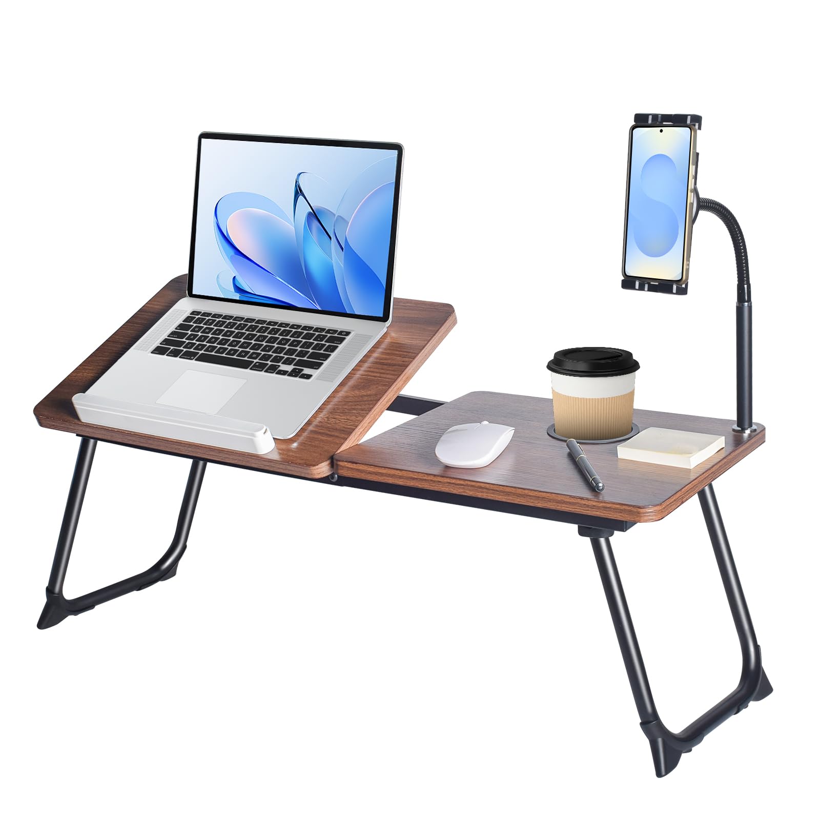 Portable Laptop Desk with Phone Holder & Foldable Legs - Dark Wood Finish Adjustable Standing Desk for Home Office, Bed, Couch & Outdoor Use