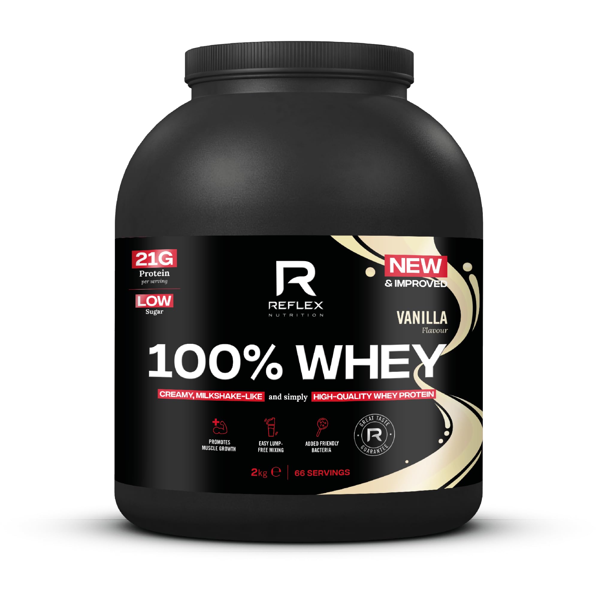 Reflex Nutrition 100% Whey Protein Powder - 80% Pure Whey with EAA Amino Acids, No Added Sugar, 2kg (66 Servings) - Vanilla Flavor for Pre & Post Workout Recovery | Ideal for Gym, Bodybuilding & Muscle Growth