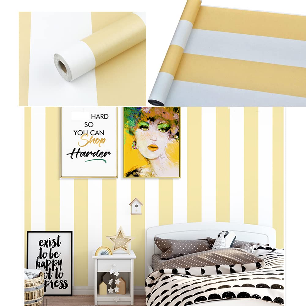 Self-Adhesive Yellow and White Wide Stripe Vinyl Wallpaper - Peel & Stick Shelf Liner for Walls, Nursery, Girls Bedroom, Cabinets, Dresser Drawers | Waterproof, Removable Decal (17.7x117 Inches) - Perfect for DIY Home Decor, Furniture Upcycling & Kids Room Makeovers