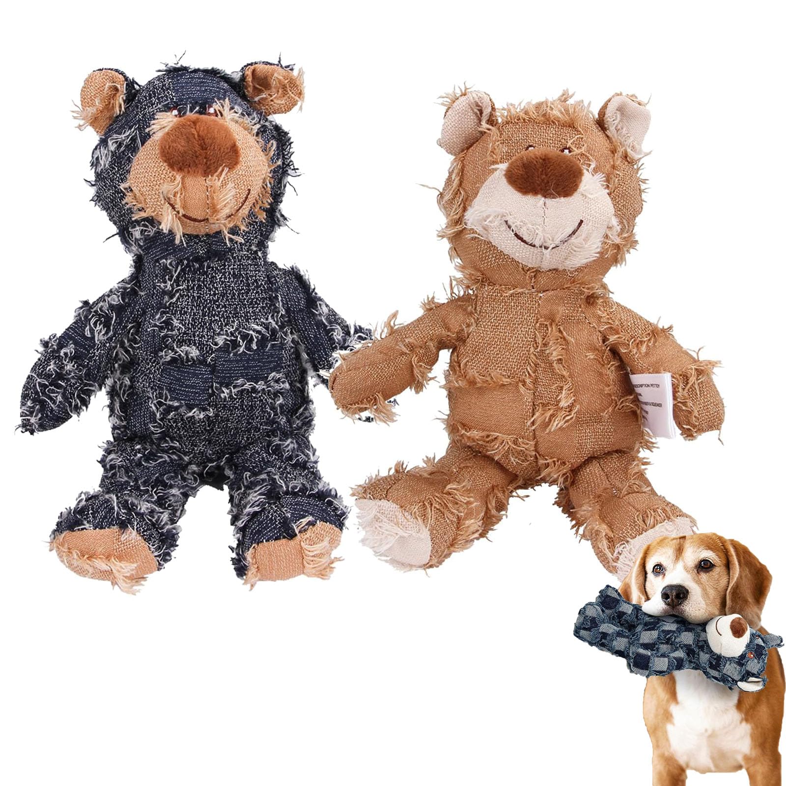 Dribella Indestructible Chew Proof Dog Toys - Ultra Durable Bear & Dinosaur Plush Squeaky Toys for Aggressive Chewers (Blue & Brown) - Perfect for Playtime, Training & Anxiety Relief