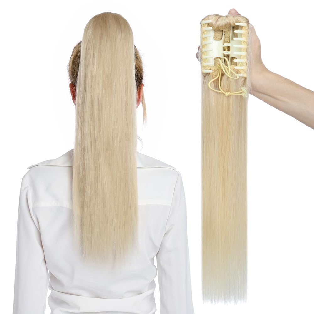 MY-LADY Human Hair Ponytail Extension Clip - 14 Inch Long Straight Real Human Hair Pony Tail for Women - Platinum Blonde 105g - Perfect for Parties, Weddings & Everyday Styling