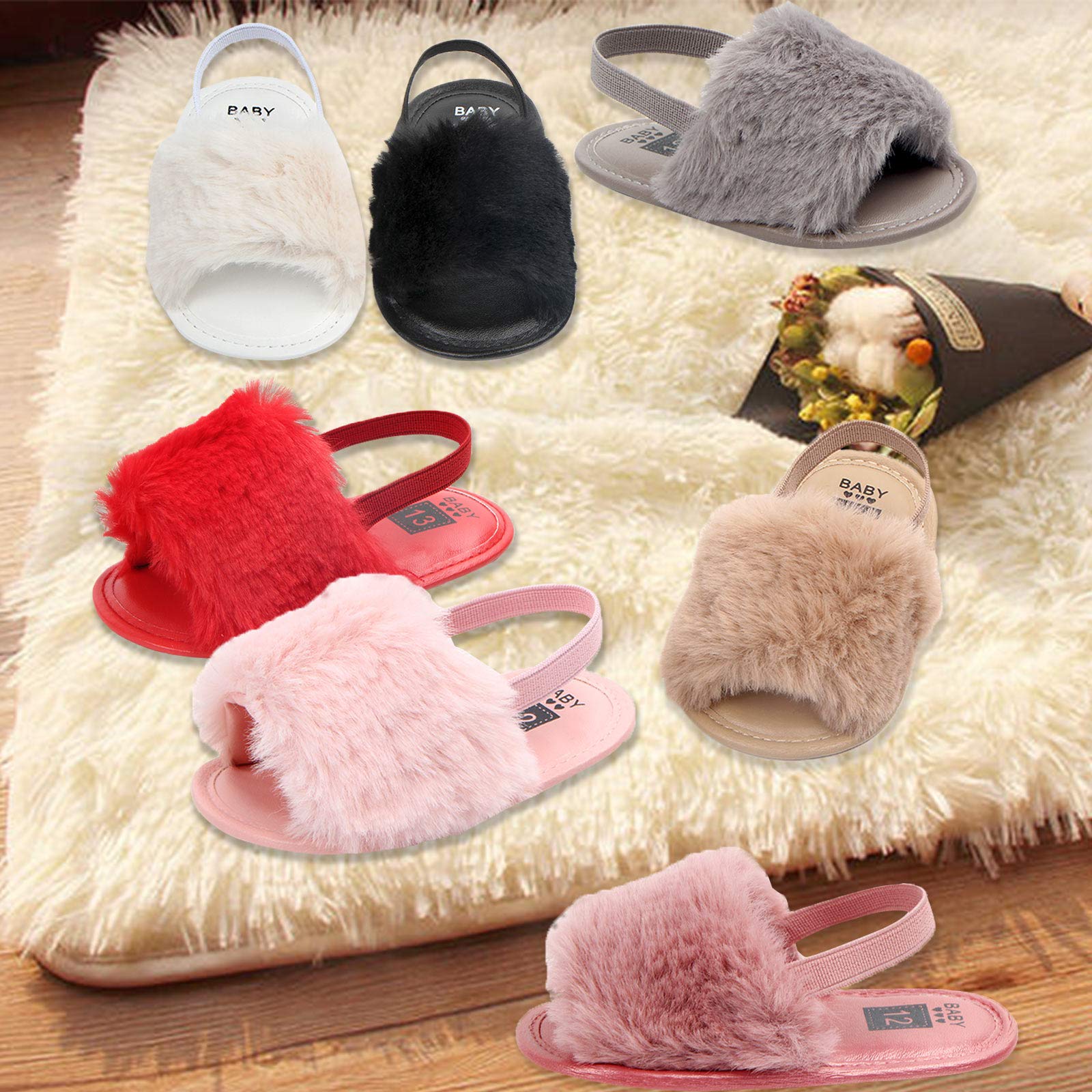 2 Pack Baby Girls Sandals - Soft Elastic Back Strap Flats with Faux Fur - First Walker House Slippers for Toddlers (Pink/White) | Indoor/Outdoor Use, Playtime & Special Occasions