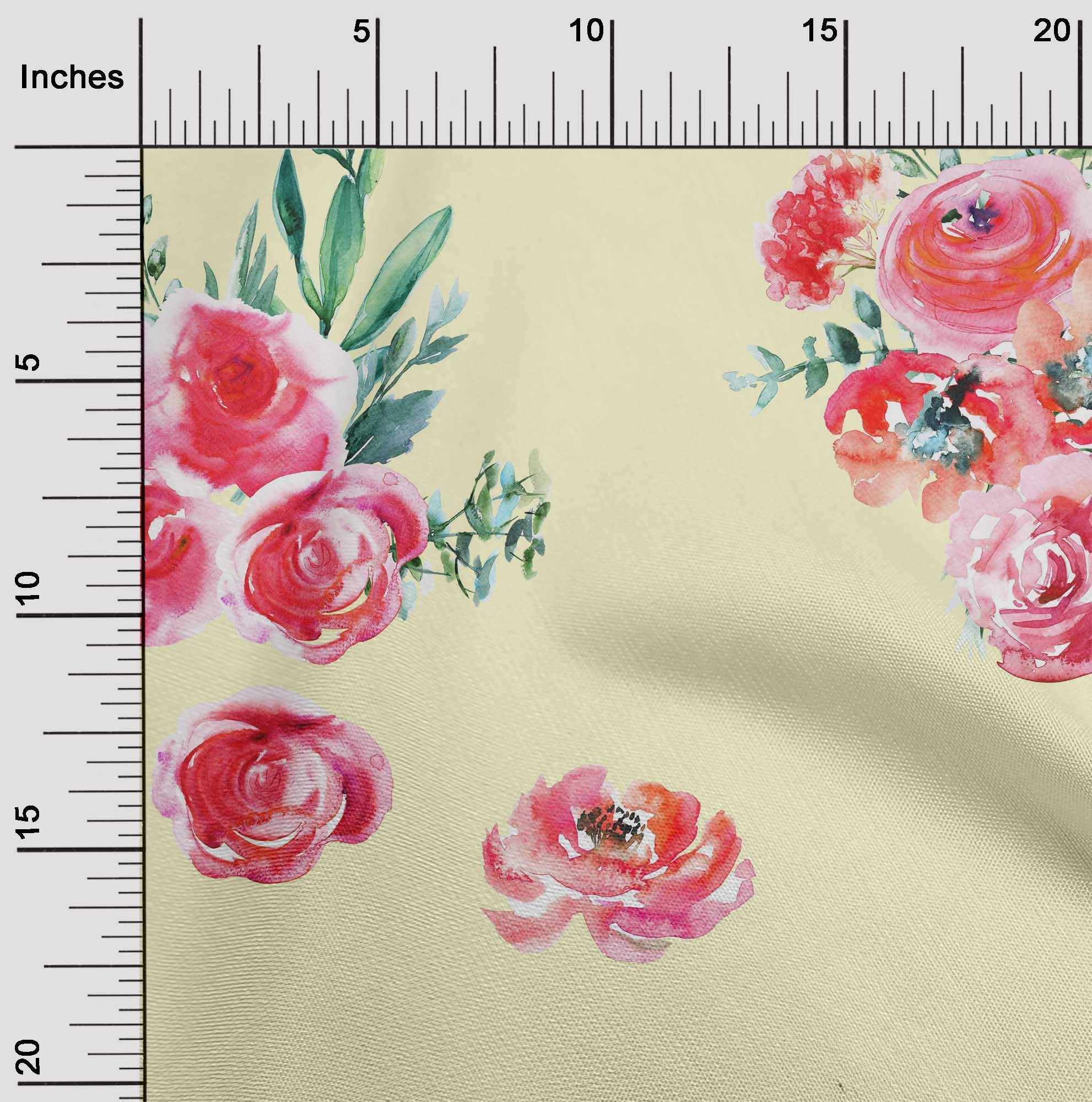 oneOone Viscose Jersey Fabric - 60 Inch Wide Floral Watercolor Print with Leaves & Peach Design - Soft Draping Fabric for Dresses, Scarves & DIY Sewing Projects