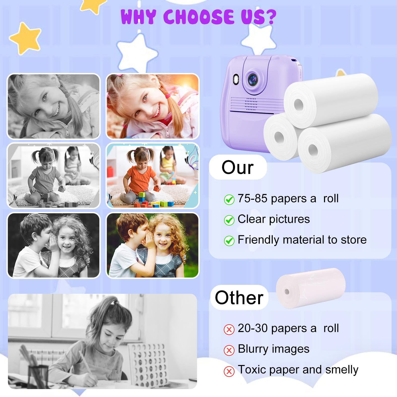 Kids Instant Print Camera with 6 Rolls of Print Paper - Fun & Easy-to-Use Toy Camera for Children's Birthday Parties, Travel & Creative Play