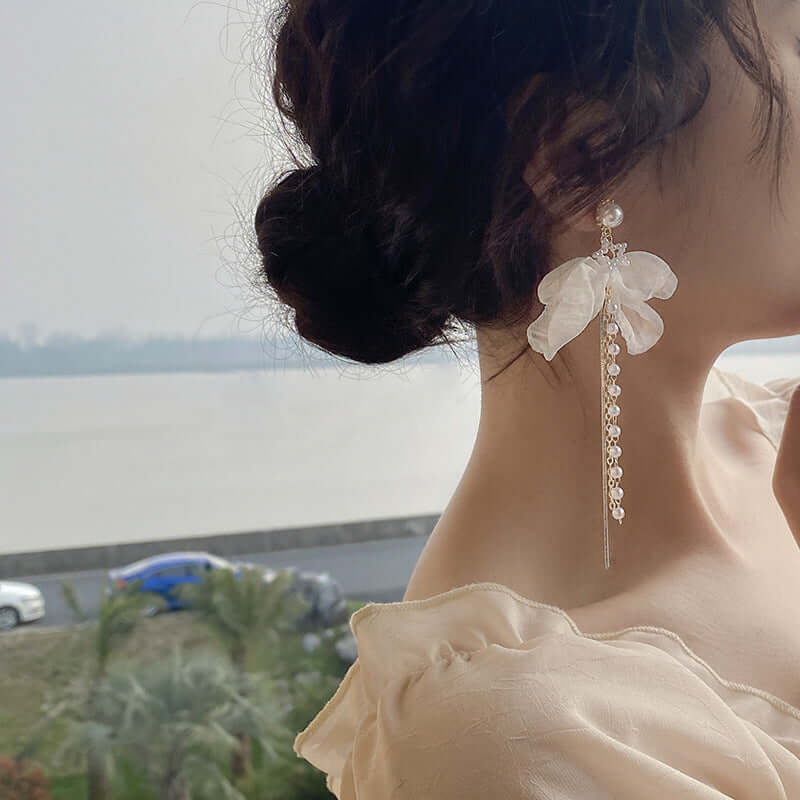 Elegant Chiffon Pearl Bow Drop Earrings for Women - Long Chain Dangle Earrings with Pearl Accents | Perfect for Weddings, Parties & Special Occasions
