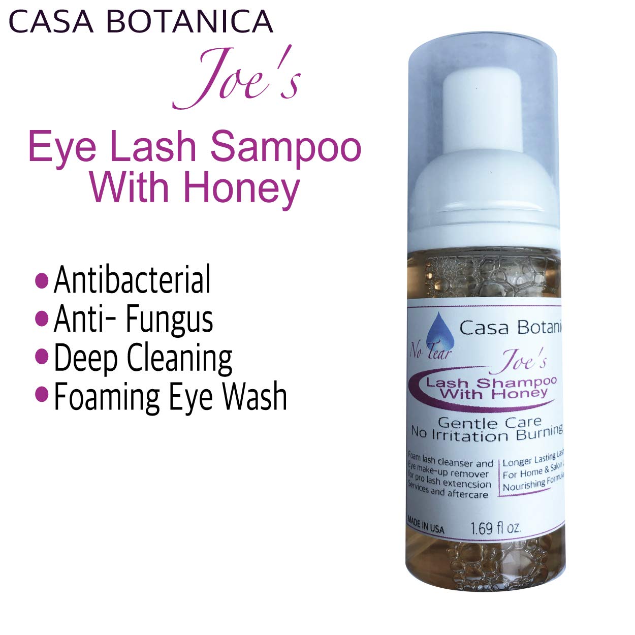 1.69oz Honey Eyelash Shampoo Foaming Cleanser & Makeup Remover - Gentle Lash Cleanser for Daily Use, Sensitive Eyes & Extensions Care