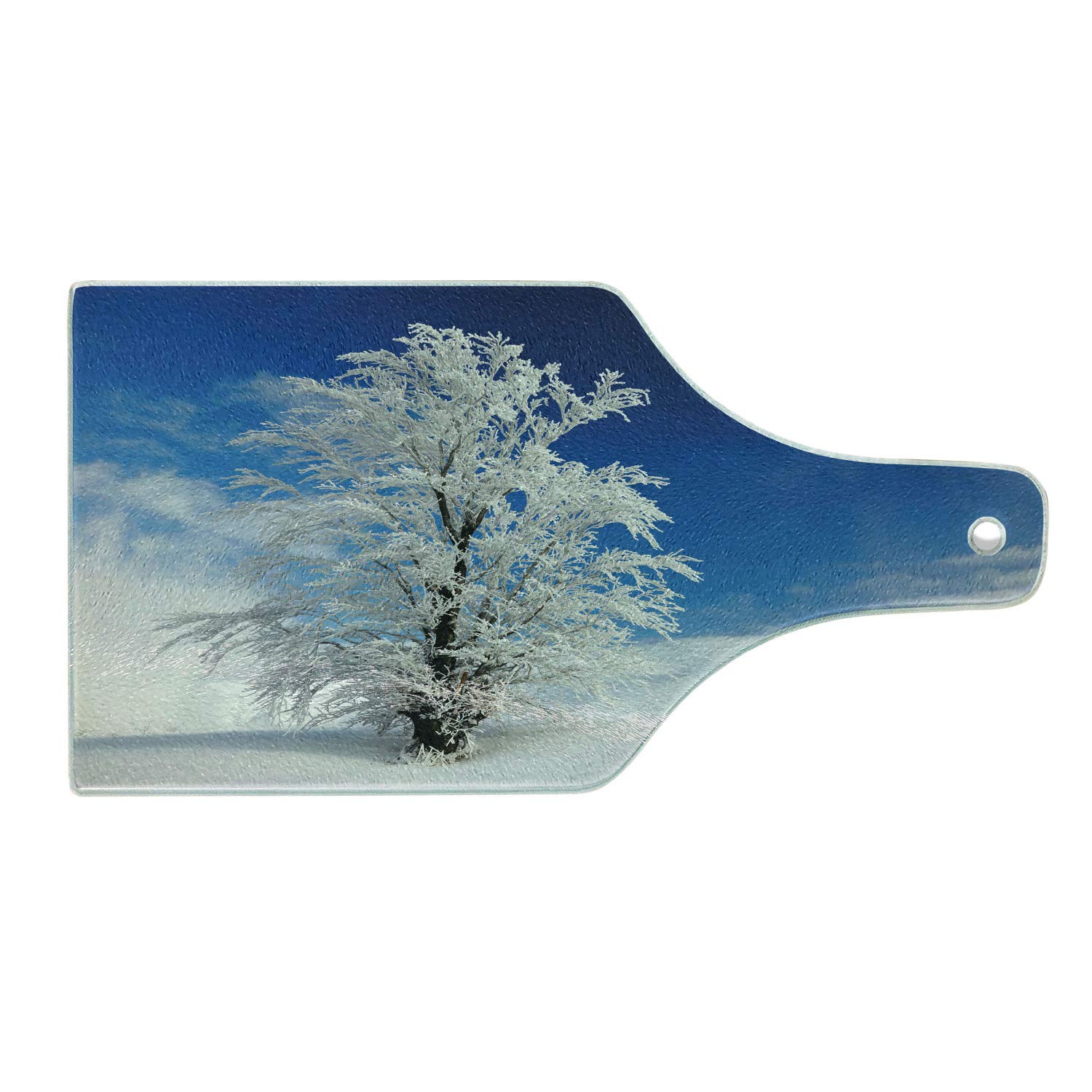 Ambesonne Winter Themed Tempered Glass Cutting Board - Snow Covered Tree Landscape with Cloudy Sky - Blue and White Wine Bottle Design - Perfect for Holiday Serving, Charcuterie, and Home Decor