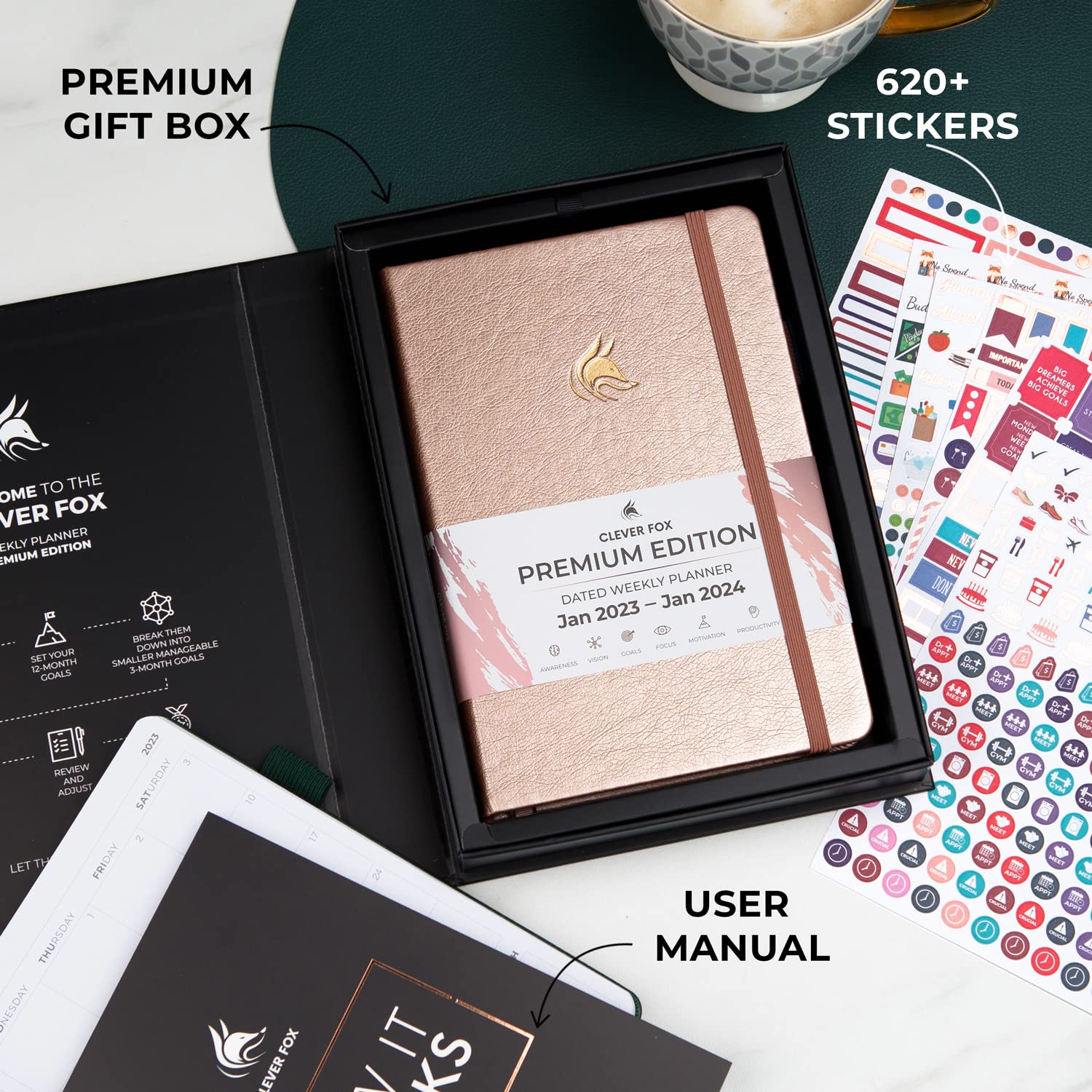 Clever Fox Dated Planner Premium 2025 - Weekly & Monthly Agenda Organizer for Productivity - Goal Setting Notebook with Habit Tracker, To-Do Lists & Stickers (Rose Gold) - Perfect for Students, Professionals & Entrepreneurs