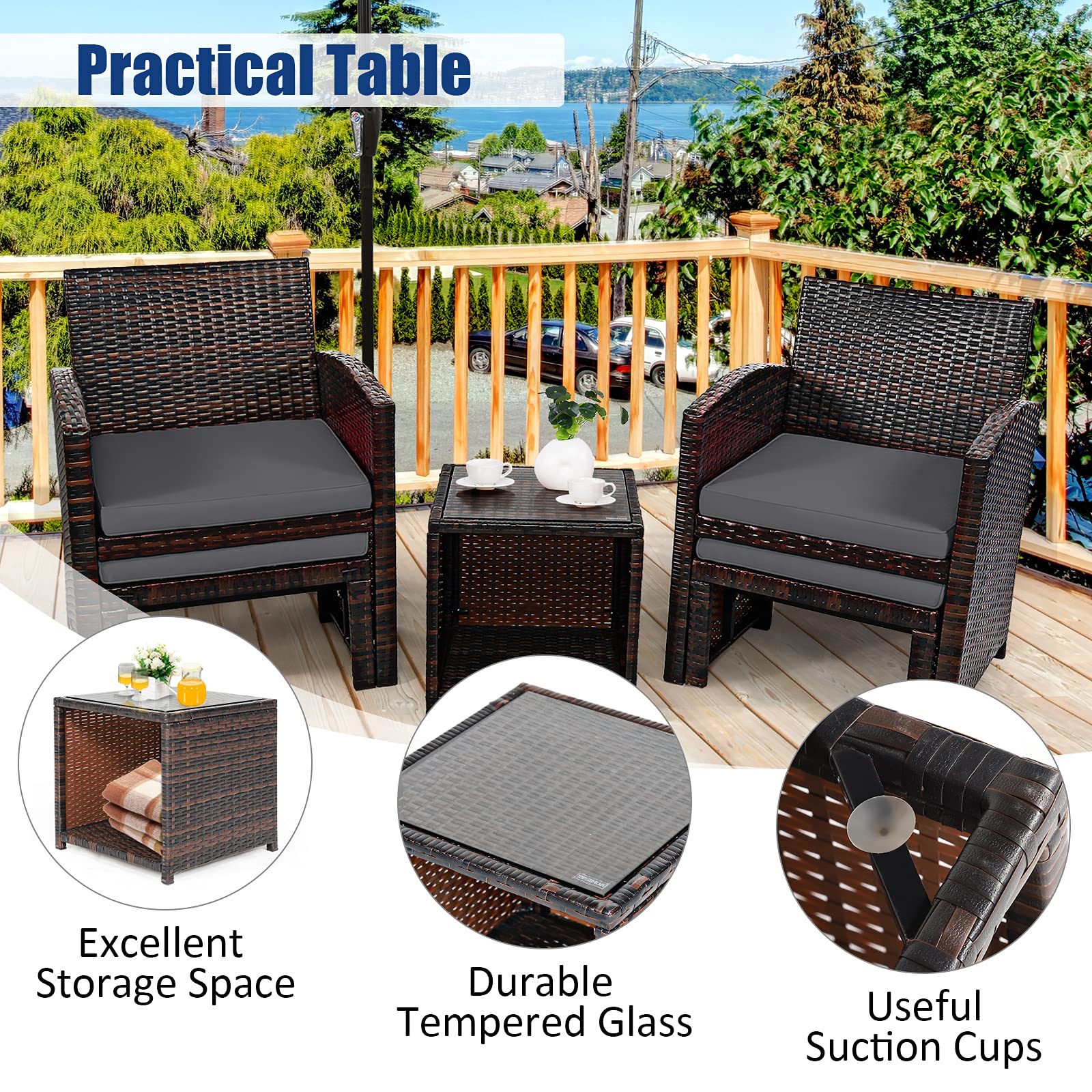 COSTWAY 5-Piece Patio Rattan Wicker Furniture Set with Cushioned Chairs, Ottoman & Side Table - Grey Outdoor Conversation Set for Backyard, Deck, Garden or Poolside Relaxation