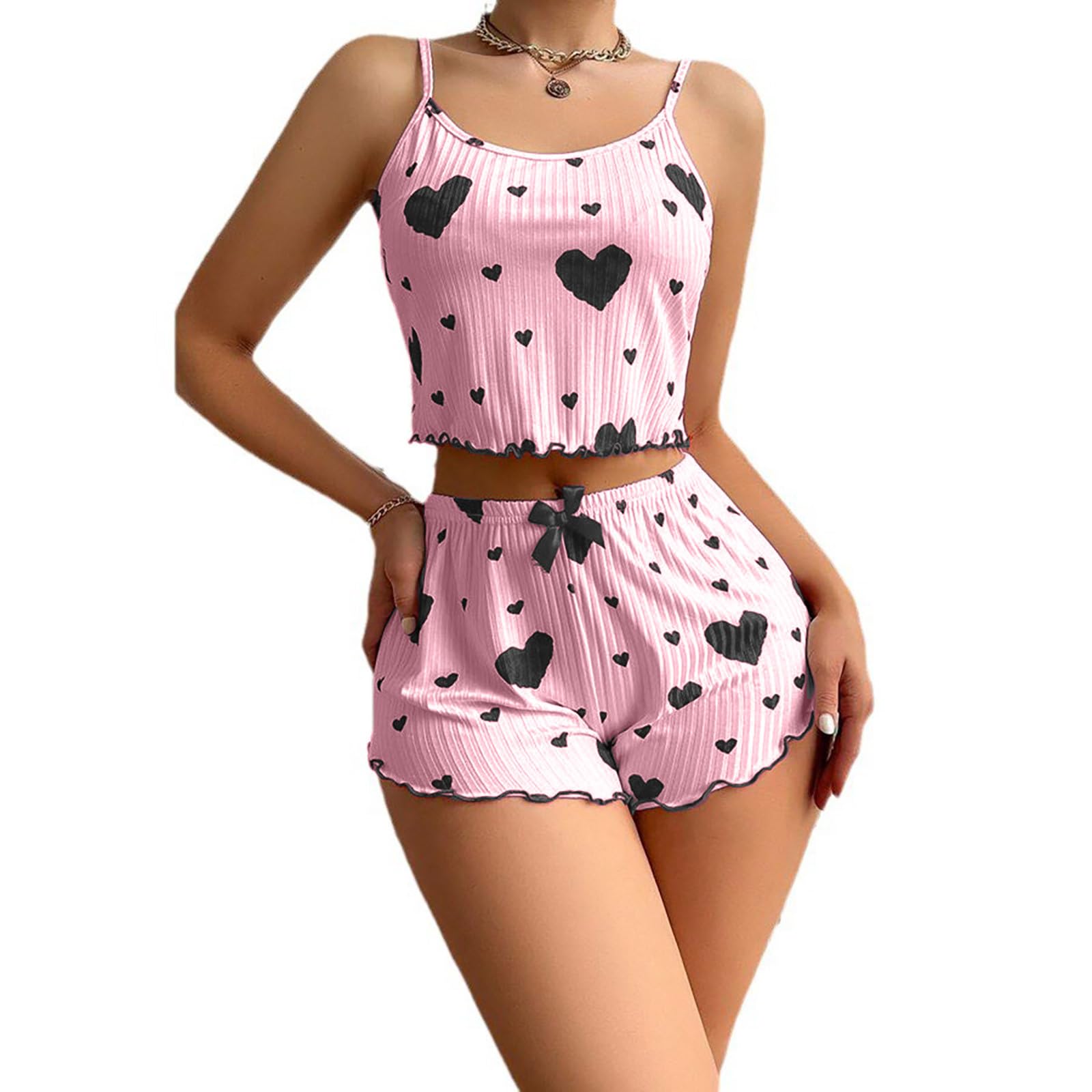 **Women's Cute & Sexy Lace Pajama Set - Soft Comfy Sleepwear with Tank Top & Shorts for Lounge, Homewear & Nightwear**    *(Perfect for Relaxing at Home, Sleepovers, or Romantic Evenings)*